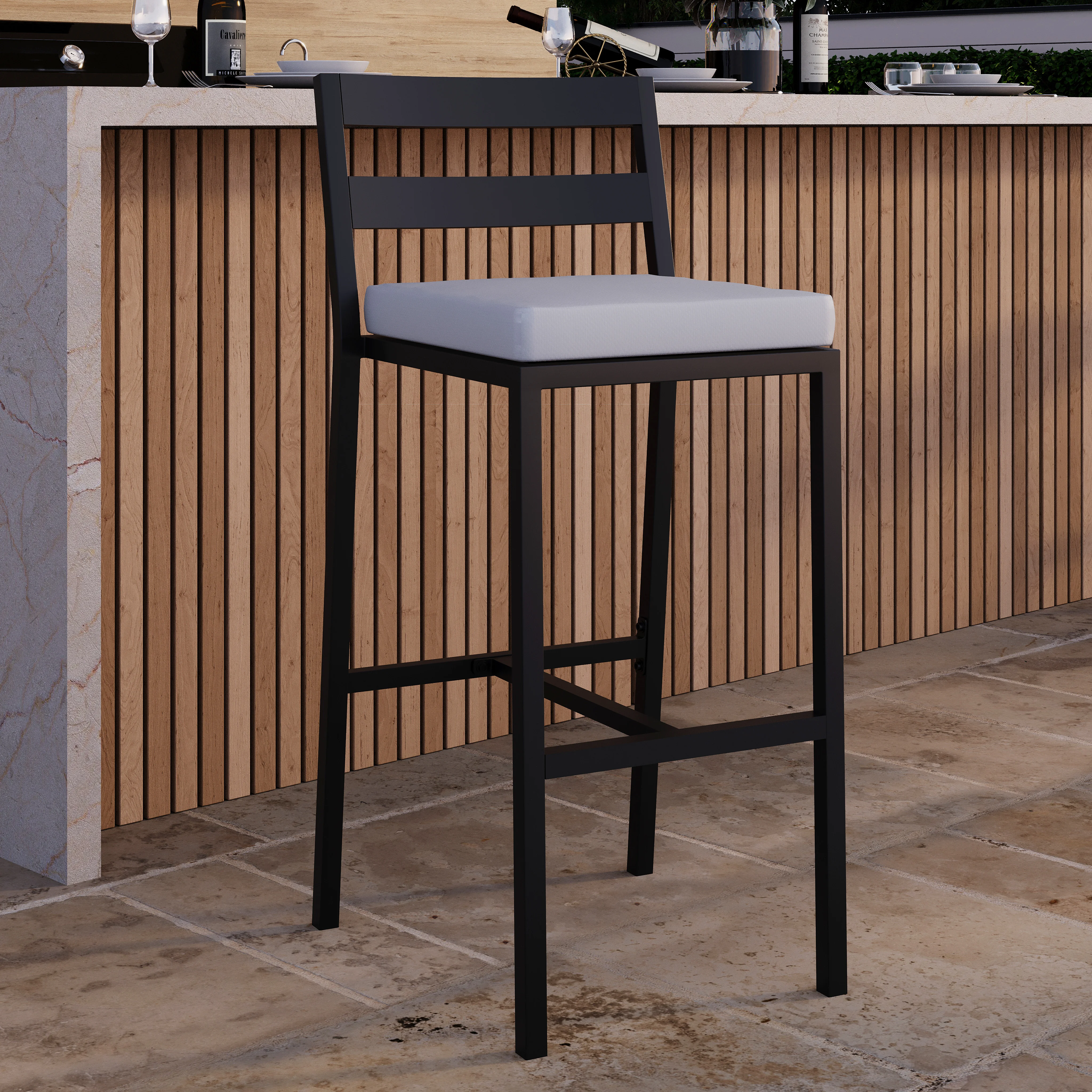 Chelsea Collection Modern Aluminum Outdoor Bar Chair in black with Light Grey Cushions