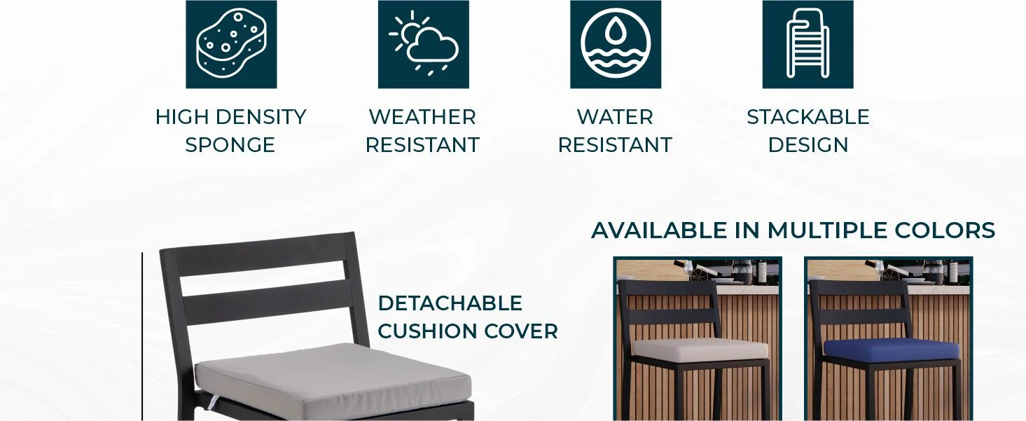 Chelsea Collection Modern Aluminum Outdoor Bar Chair in black with Light Grey Cushions