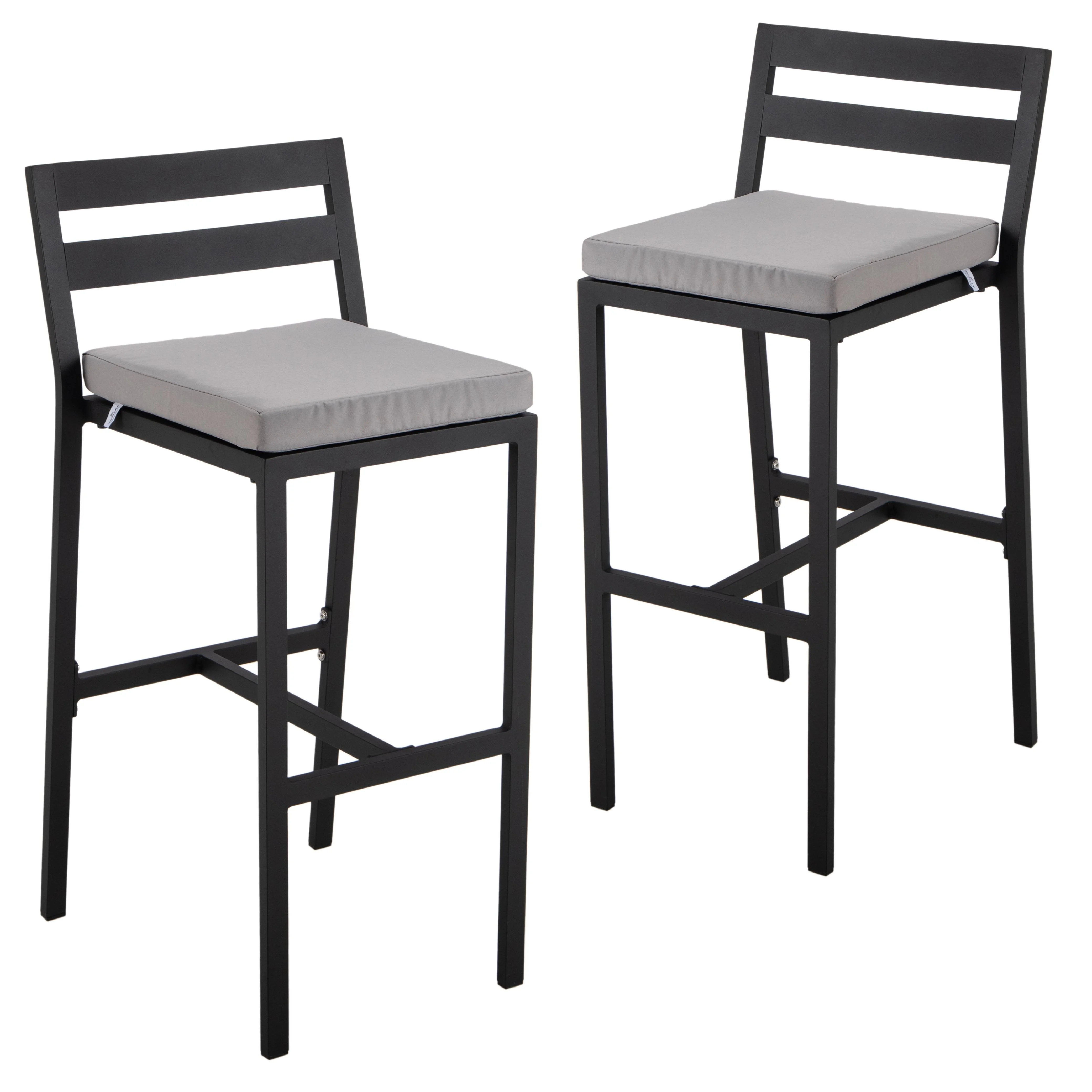 Chelsea Collection Modern Aluminum Outdoor Bar Chair in black with Light Grey Cushions - Set of 2