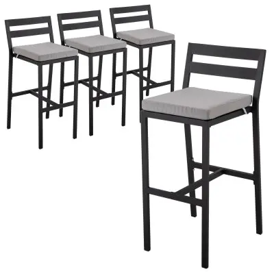 Chelsea Collection Modern Aluminum Outdoor Bar Chair in black with Light Grey Cushions - Set of 4