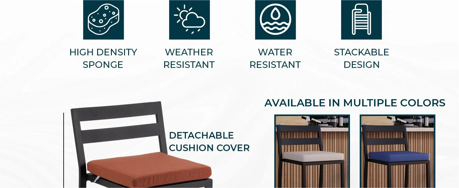 Chelsea Collection Modern Aluminum Outdoor Bar Chair in black with Orange Cushions