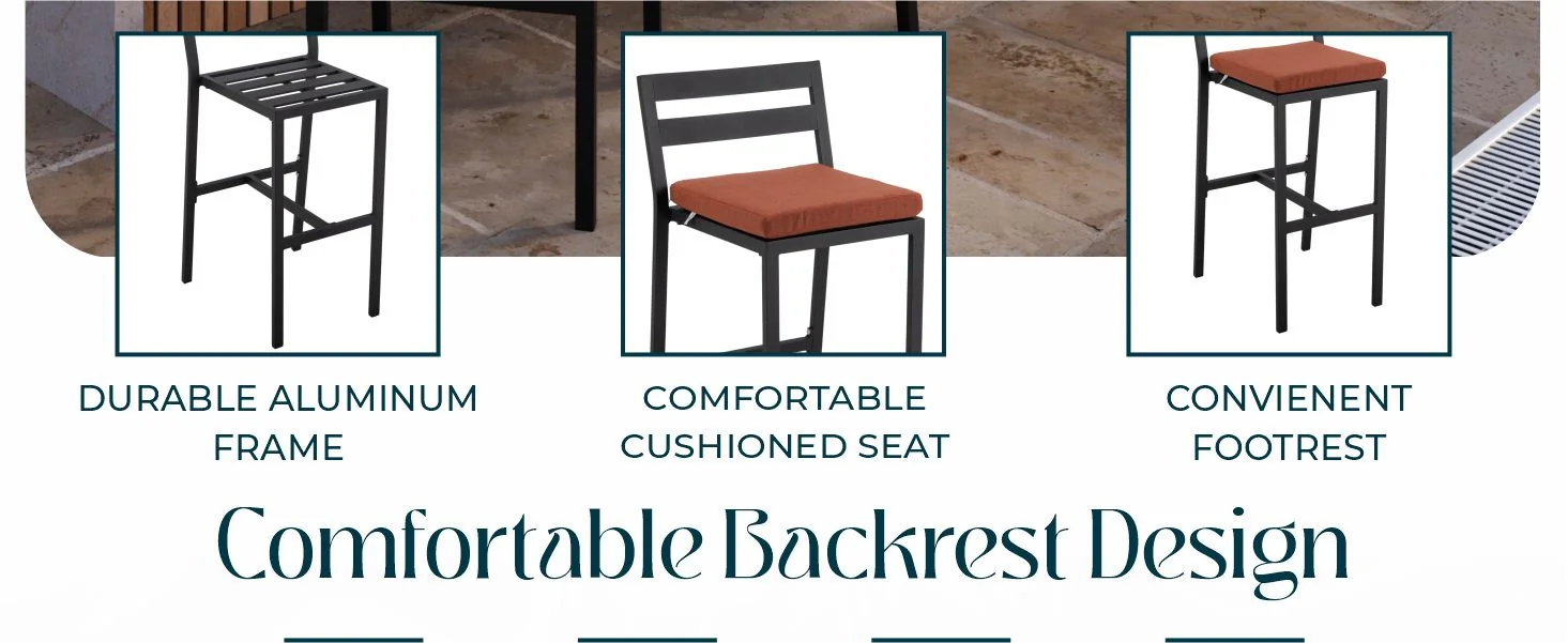 Chelsea Collection Modern Aluminum Outdoor Bar Chair in black with Orange Cushions