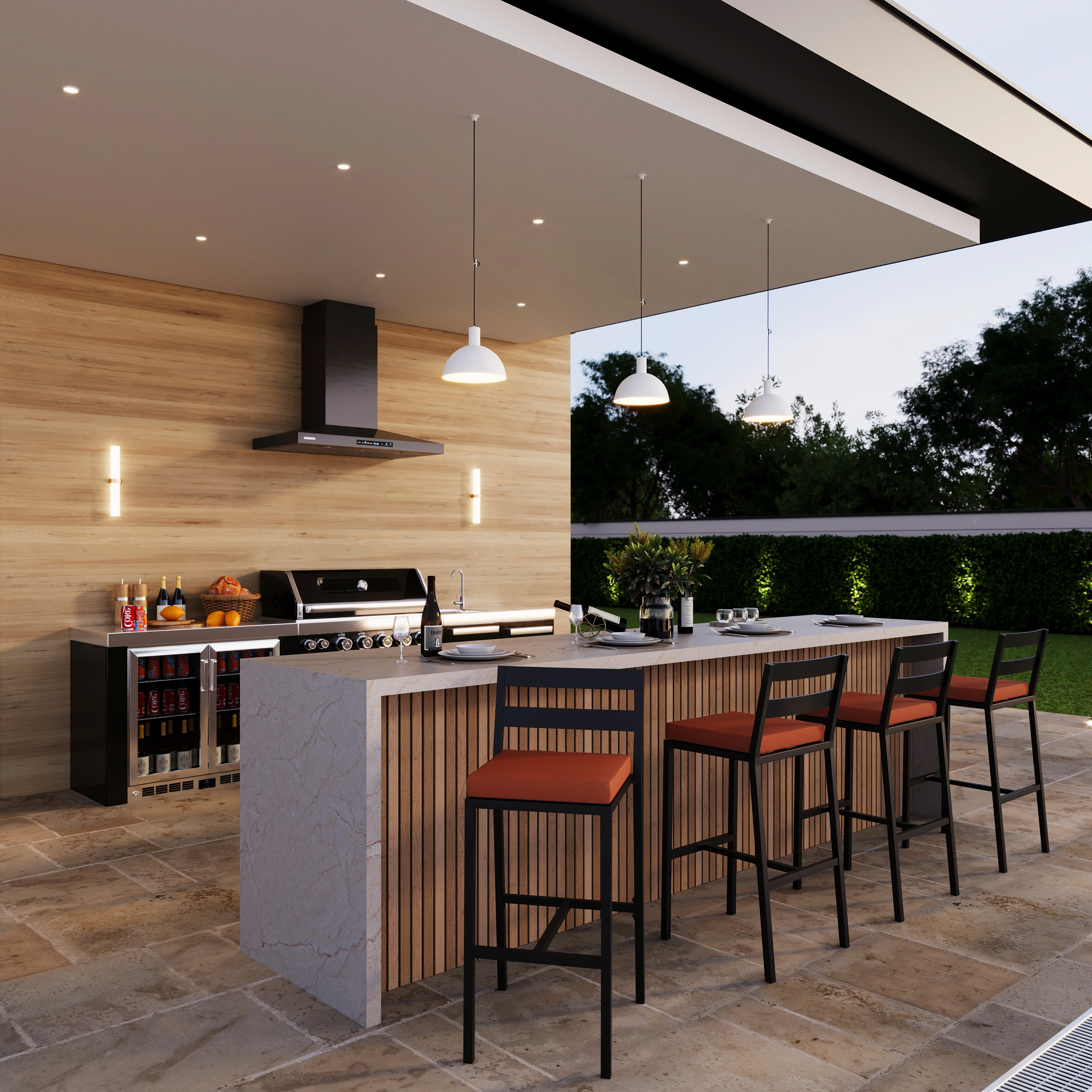 Chelsea Collection Modern Aluminum Outdoor Bar Chair in black with Orange Cushions