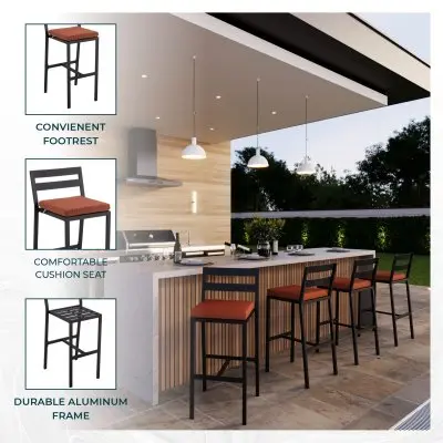 Chelsea Collection Modern Aluminum Outdoor Bar Chair in black with Orange Cushions