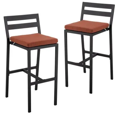 Chelsea Collection Modern Aluminum Outdoor Bar Chair in black with Orange Cushions - Set of 2