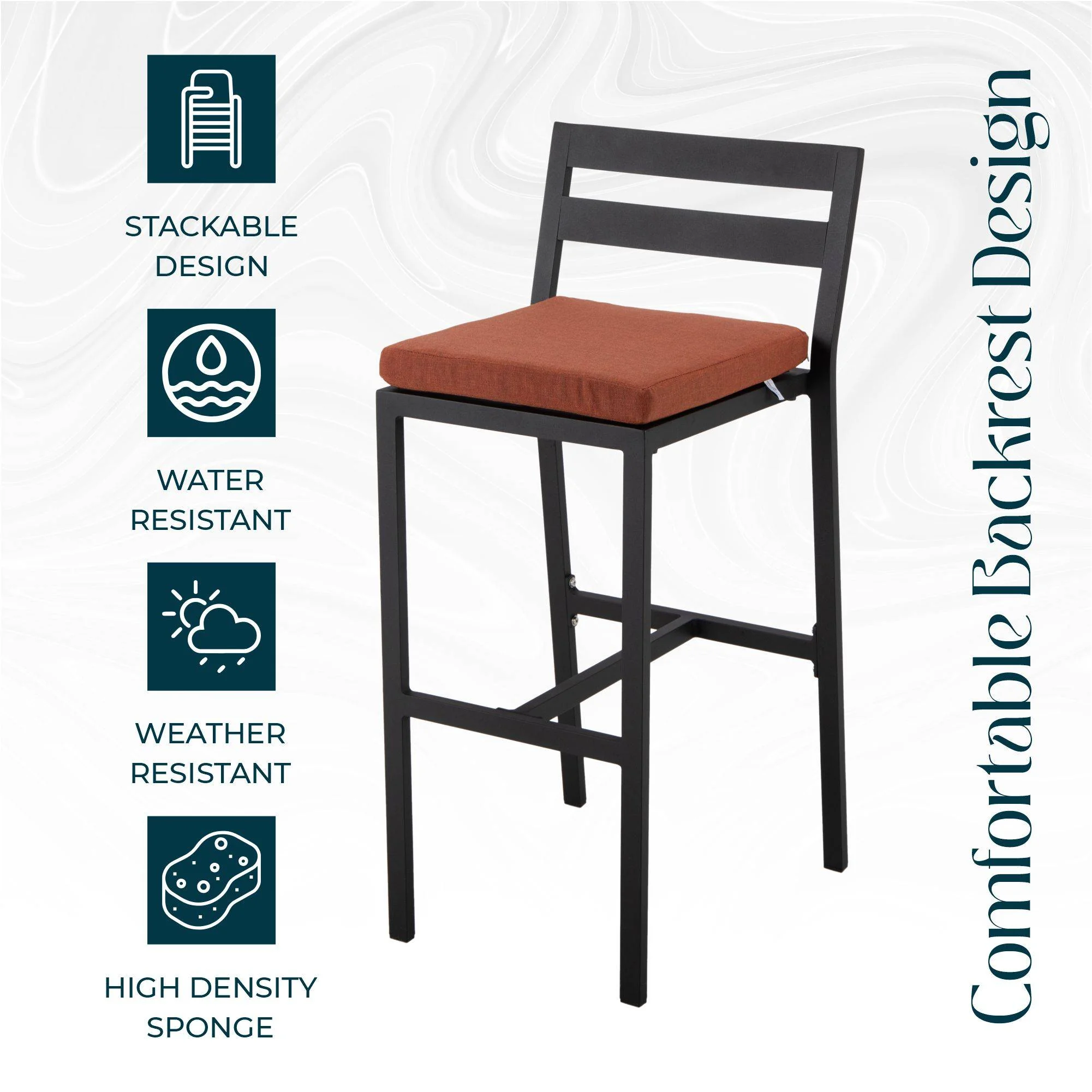 Chelsea Collection Modern Aluminum Outdoor Bar Chair in black with Orange Cushions - Set of 4