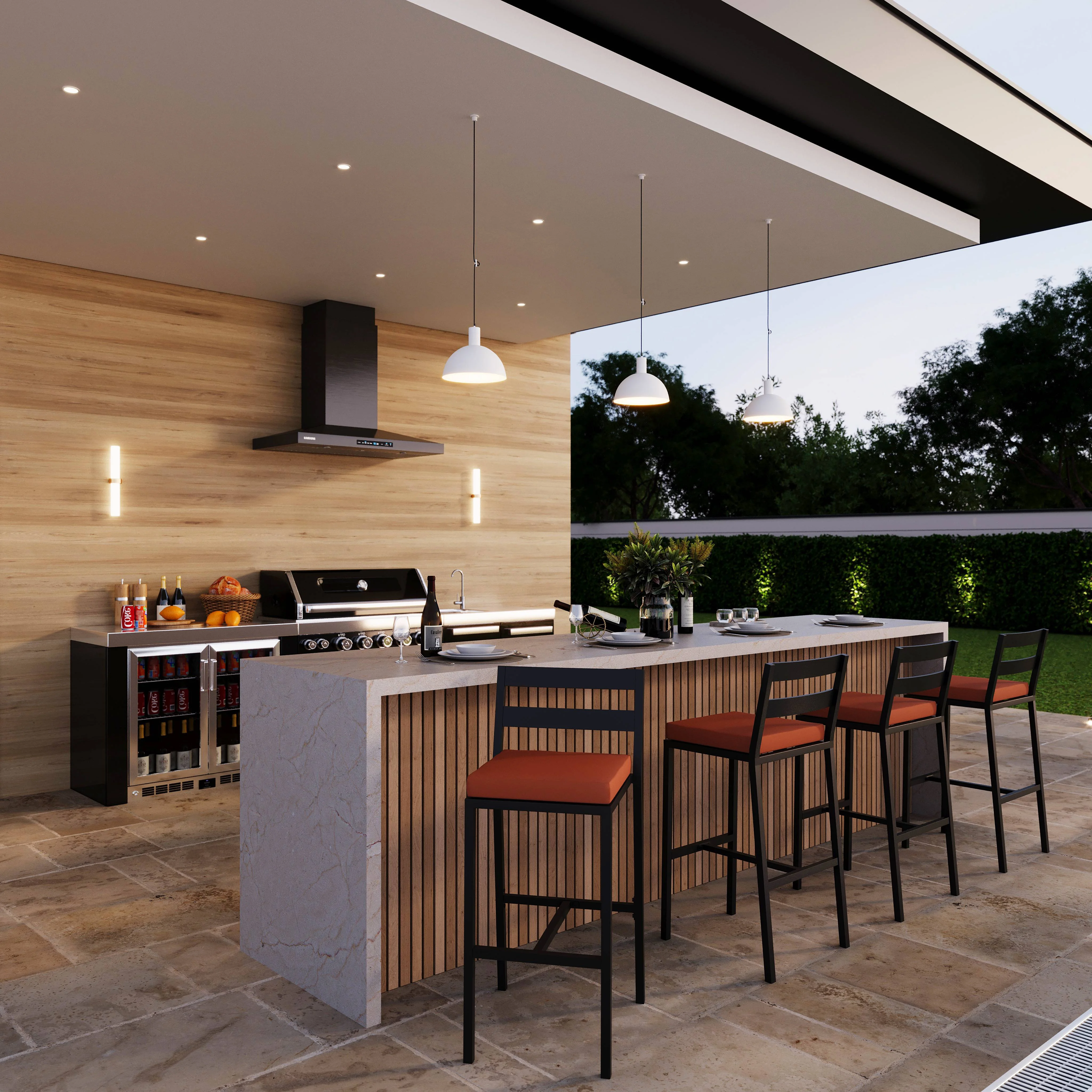 Chelsea Collection Modern Aluminum Outdoor Bar Chair in black with Orange Cushions - Set of 4