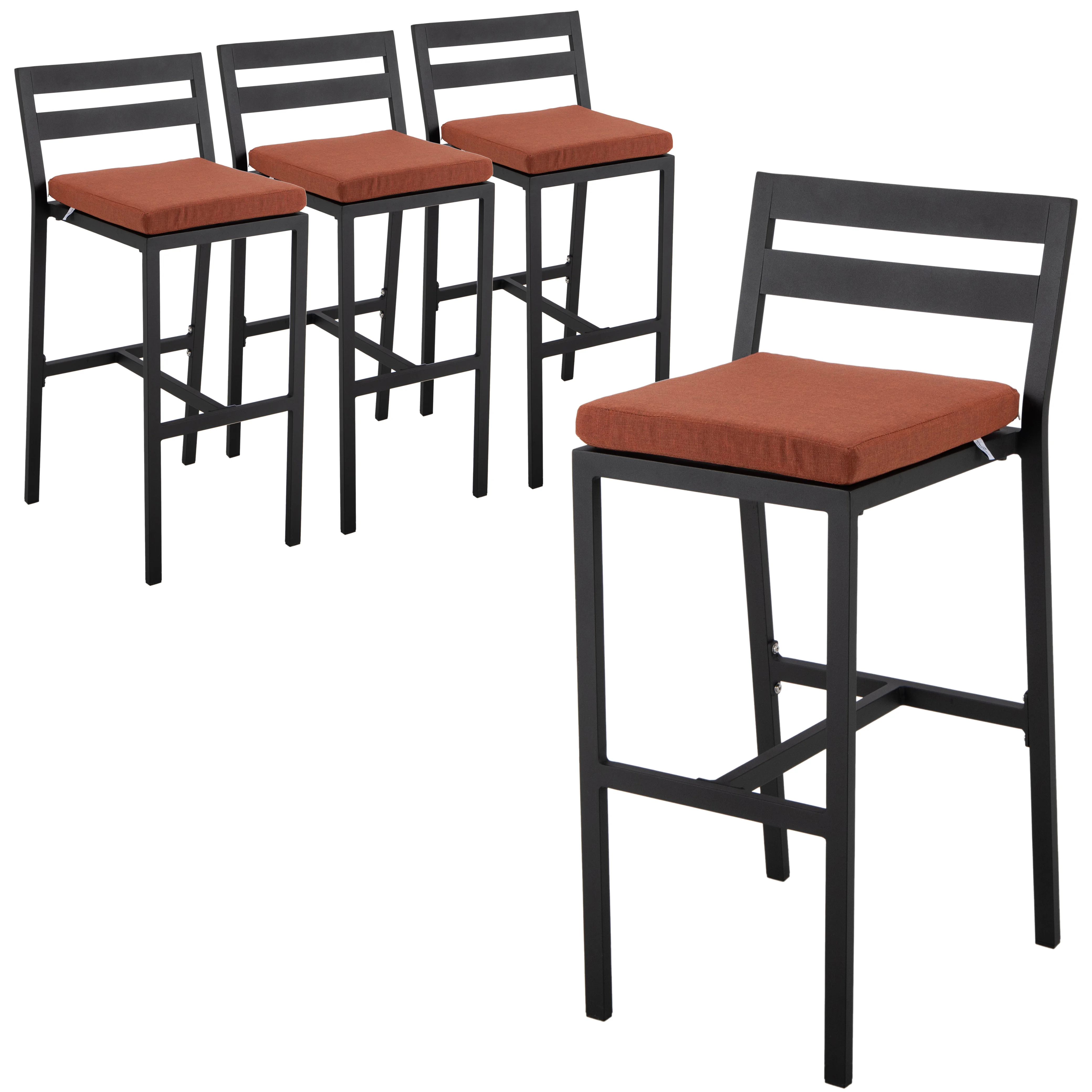 Chelsea Collection Modern Aluminum Outdoor Bar Chair in black with Orange Cushions - Set of 4