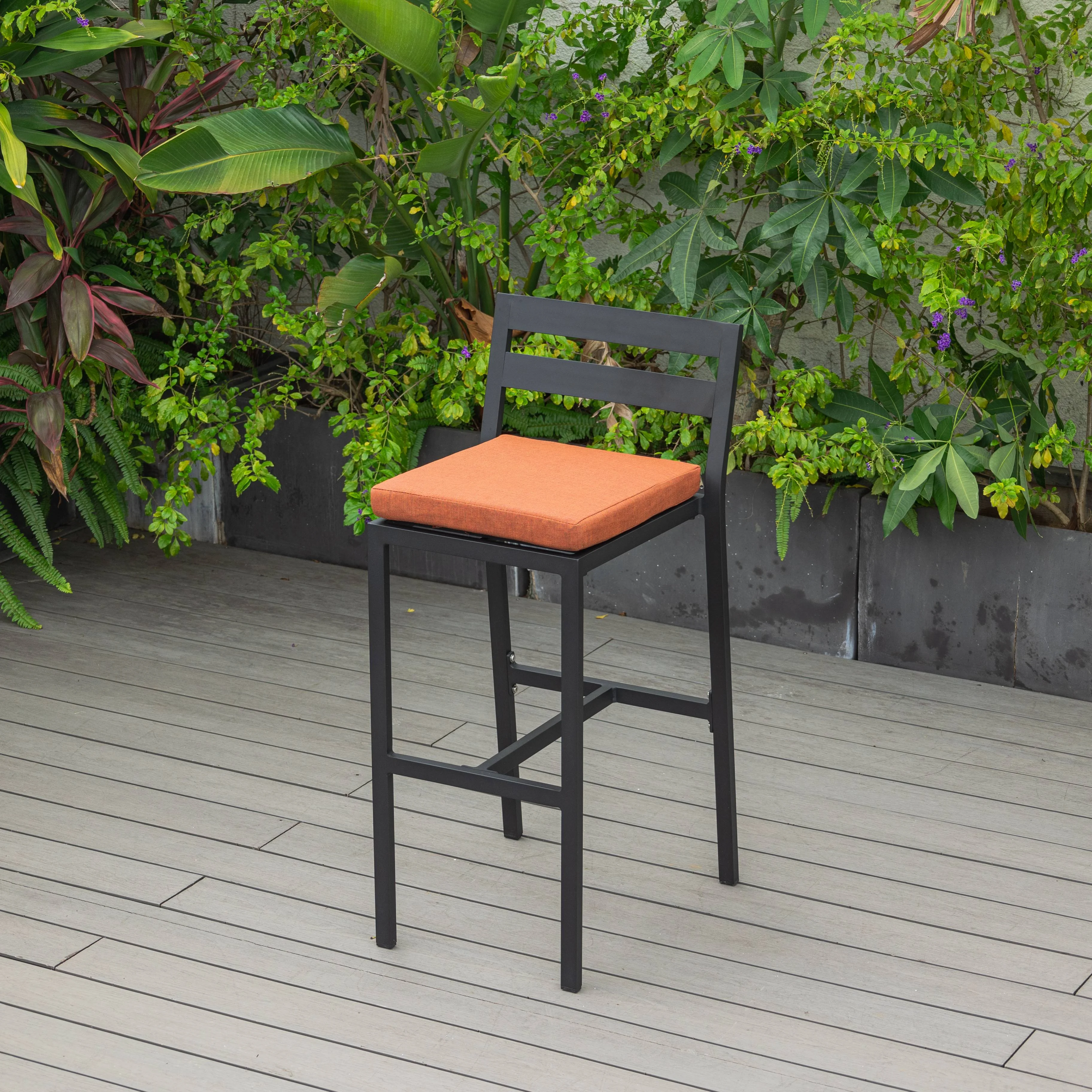 Chelsea Collection Modern Aluminum Outdoor Bar Chair in black with Orange Cushions - Set of 4