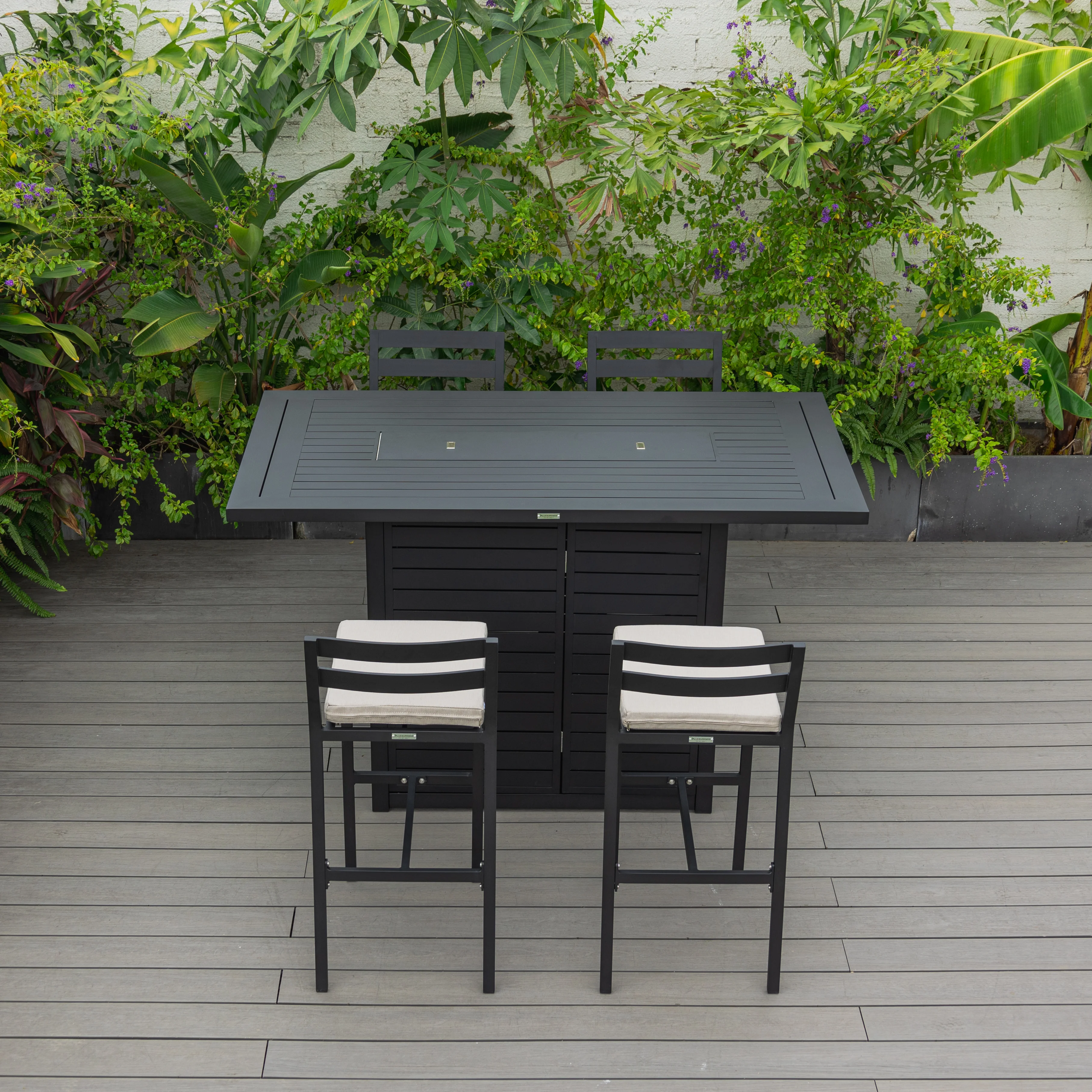 Chelsea Collection Aluminum Outdoor Dining Set, 1 Bar Height Fire Pit Table and 4 Bar Chair in black with Beige Cushions