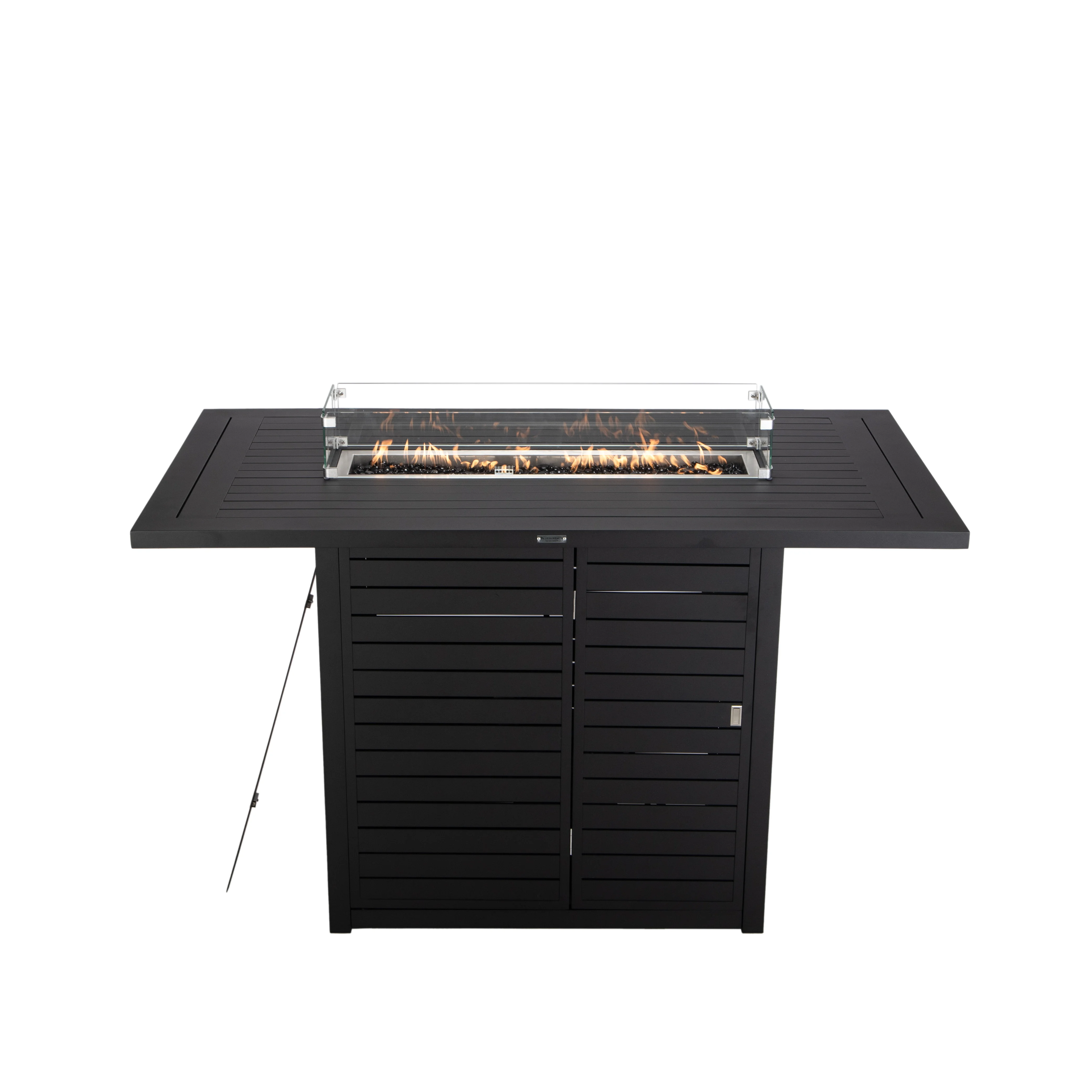 Chelsea Collection Aluminum Outdoor Dining Set, 1 Bar Height Fire Pit Table and 4 Bar Chair in black with Beige Cushions