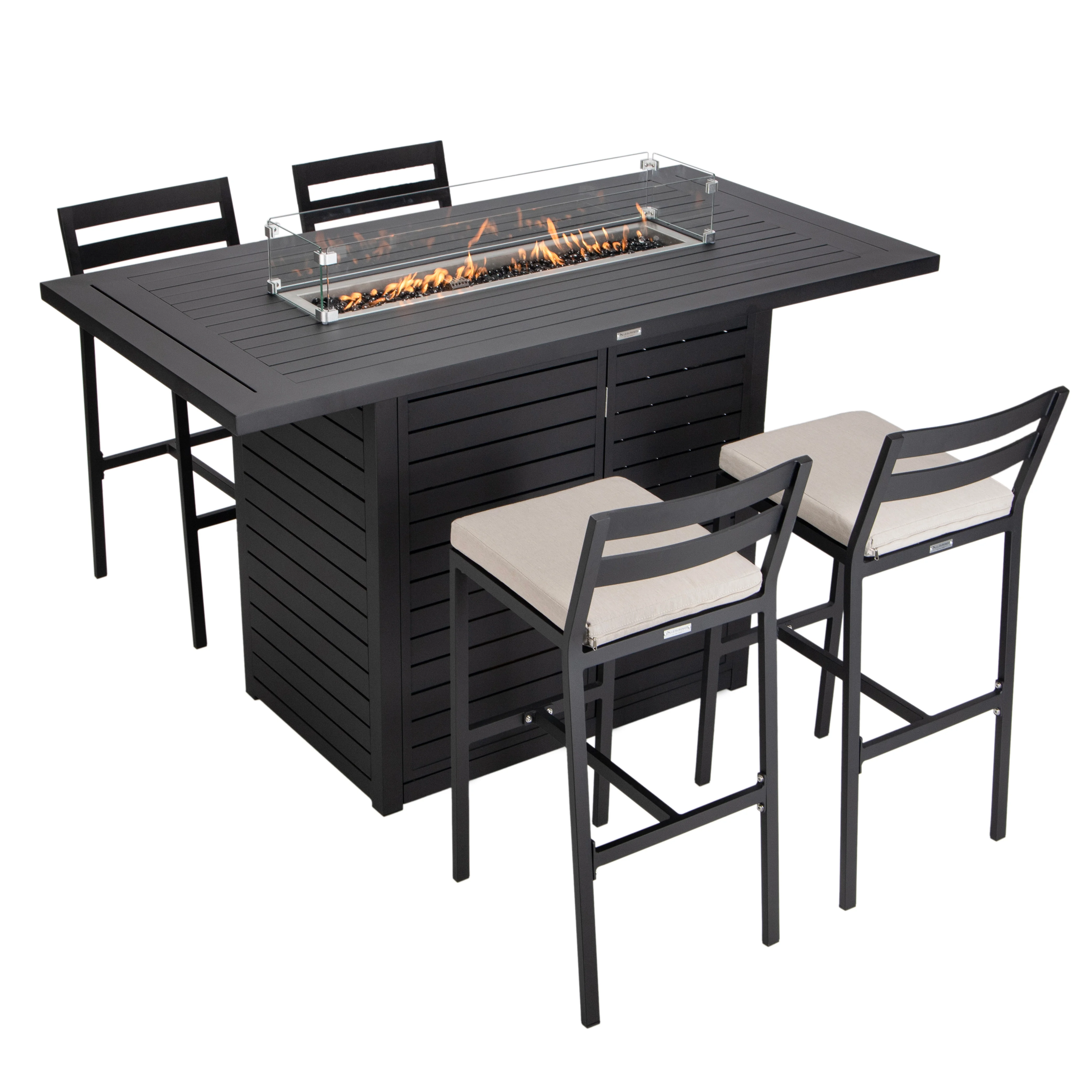 Chelsea Collection Aluminum Outdoor Dining Set, 1 Bar Height Fire Pit Table and 4 Bar Chair in black with Beige Cushions