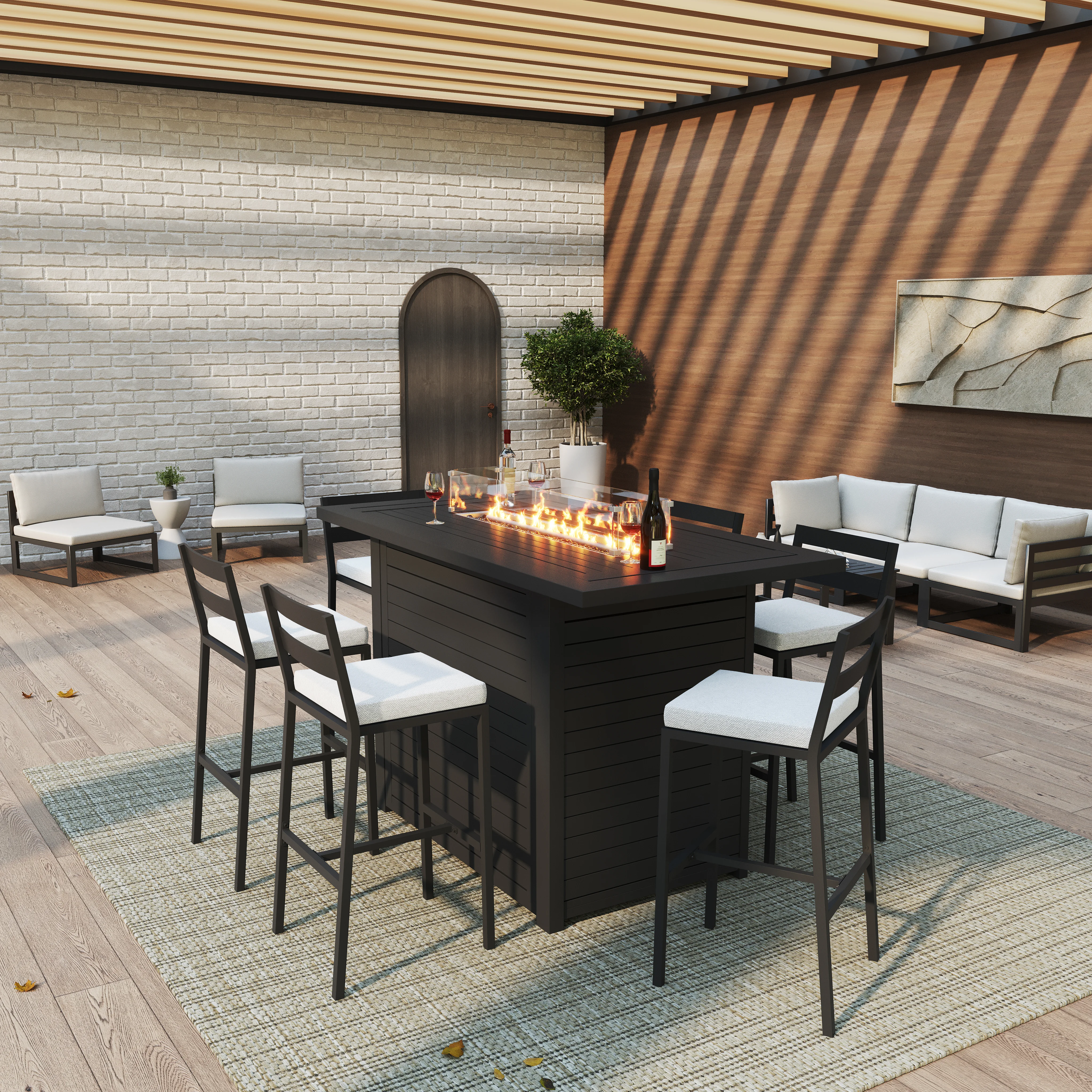Chelsea Collection Aluminum Outdoor Dining Set, 1 Bar Height Fire Pit Table and 6 Bar Chair in black with Beige Cushions