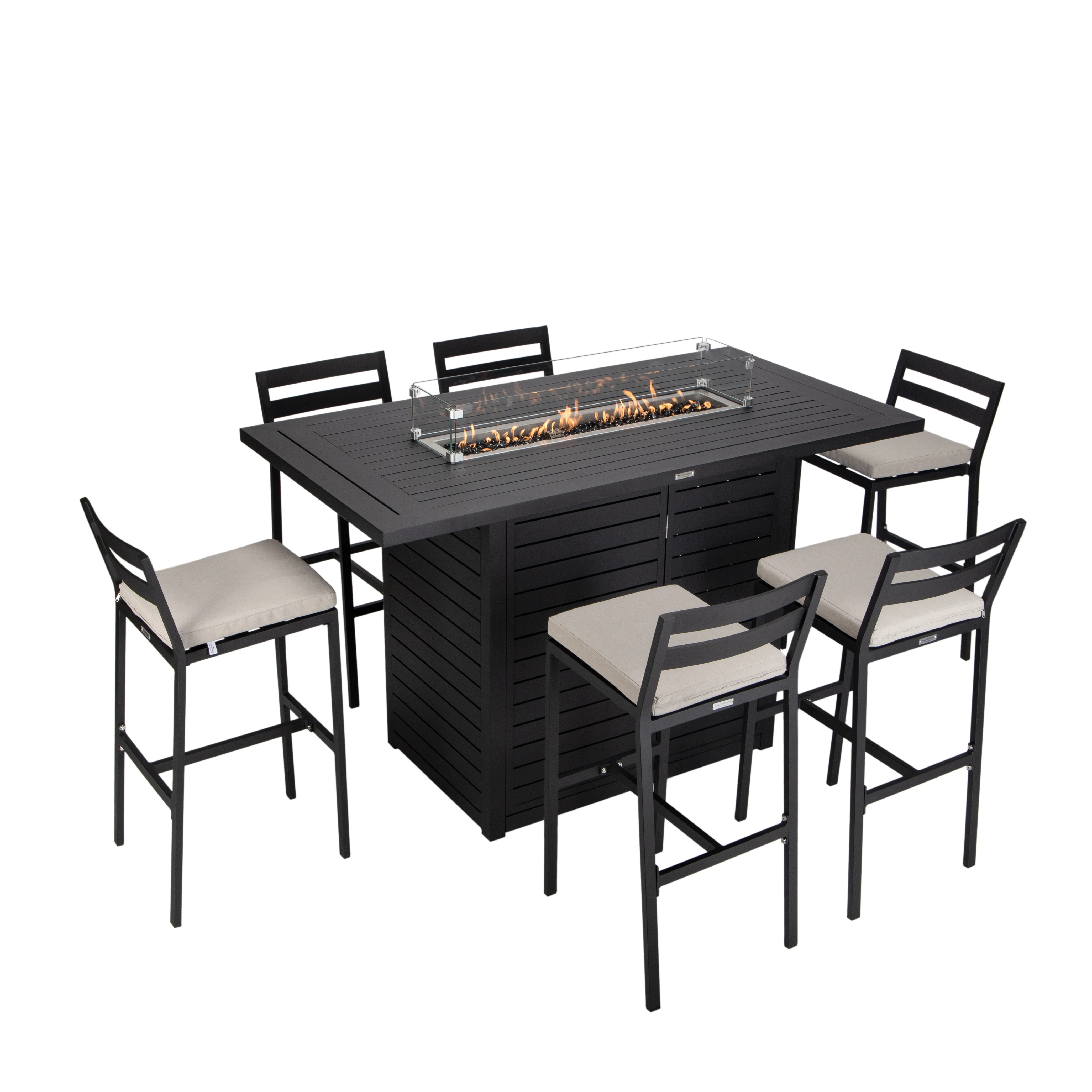 Chelsea Collection Aluminum Outdoor Dining Set, 1 Bar Height Fire Pit Table and 6 Bar Chair in black with Beige Cushions