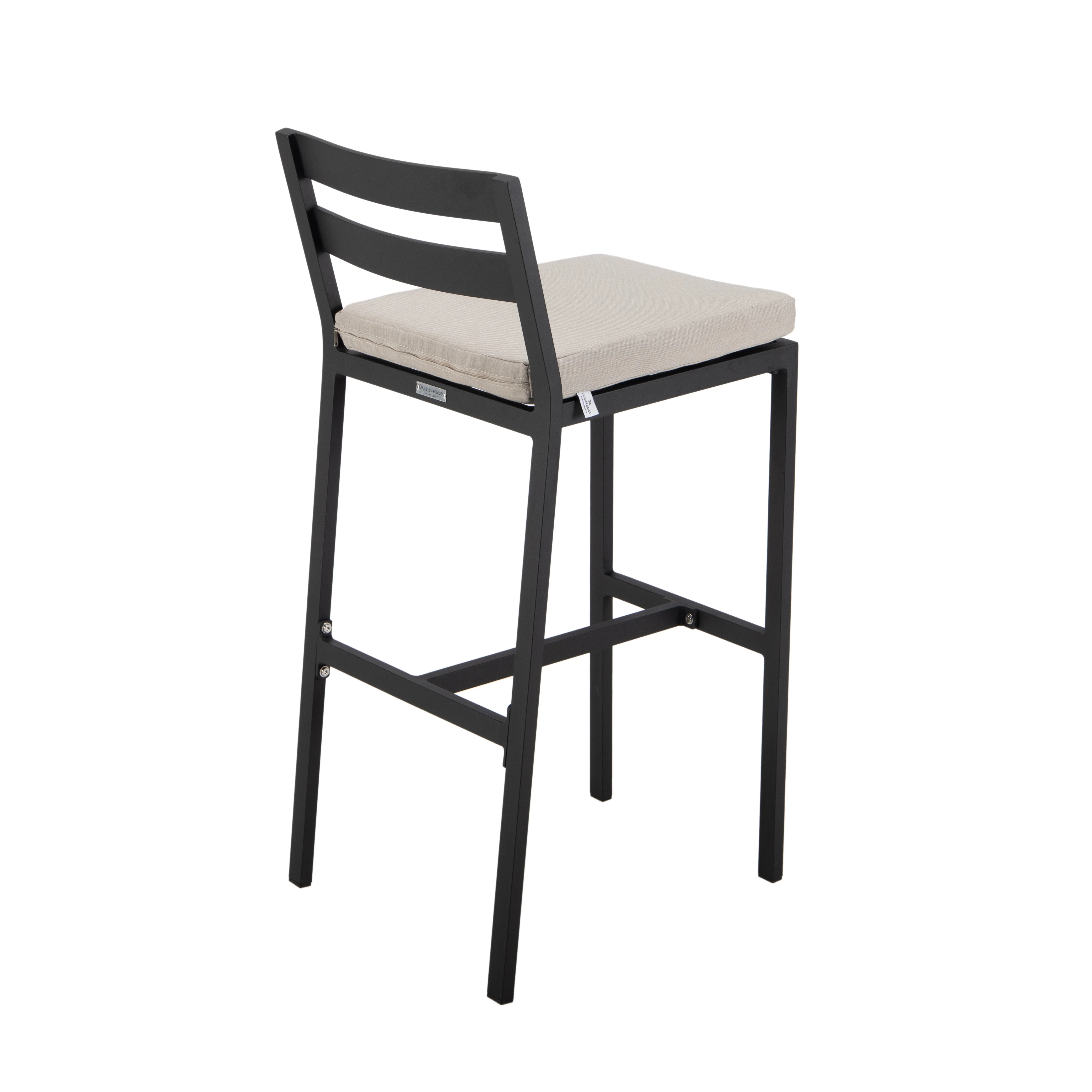 Chelsea Collection Aluminum Outdoor Dining Set, 1 Bar Height Fire Pit Table and 6 Bar Chair in black with Beige Cushions