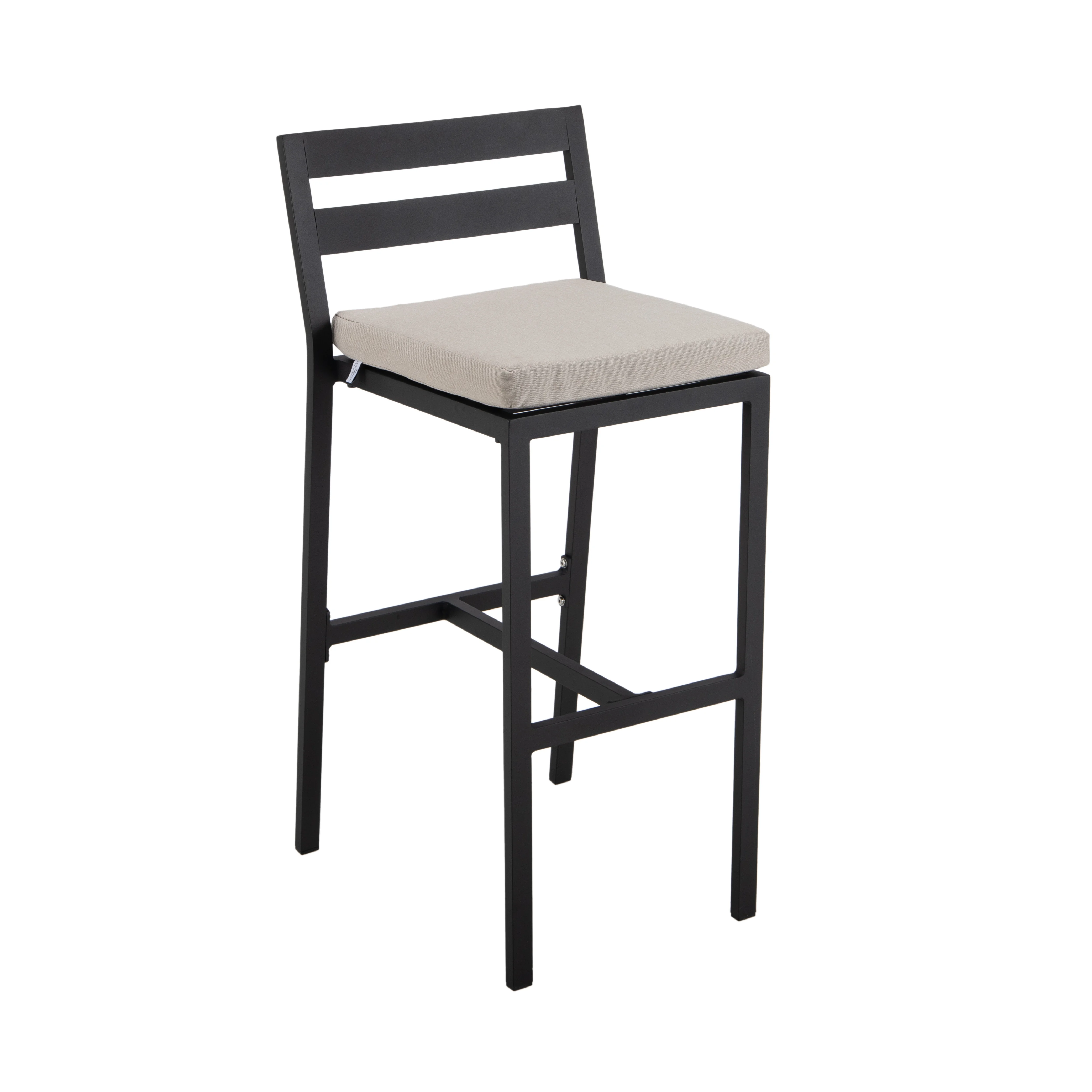 Chelsea Collection Aluminum Outdoor Dining Set, 1 Bar Height Fire Pit Table and 6 Bar Chair in black with Beige Cushions