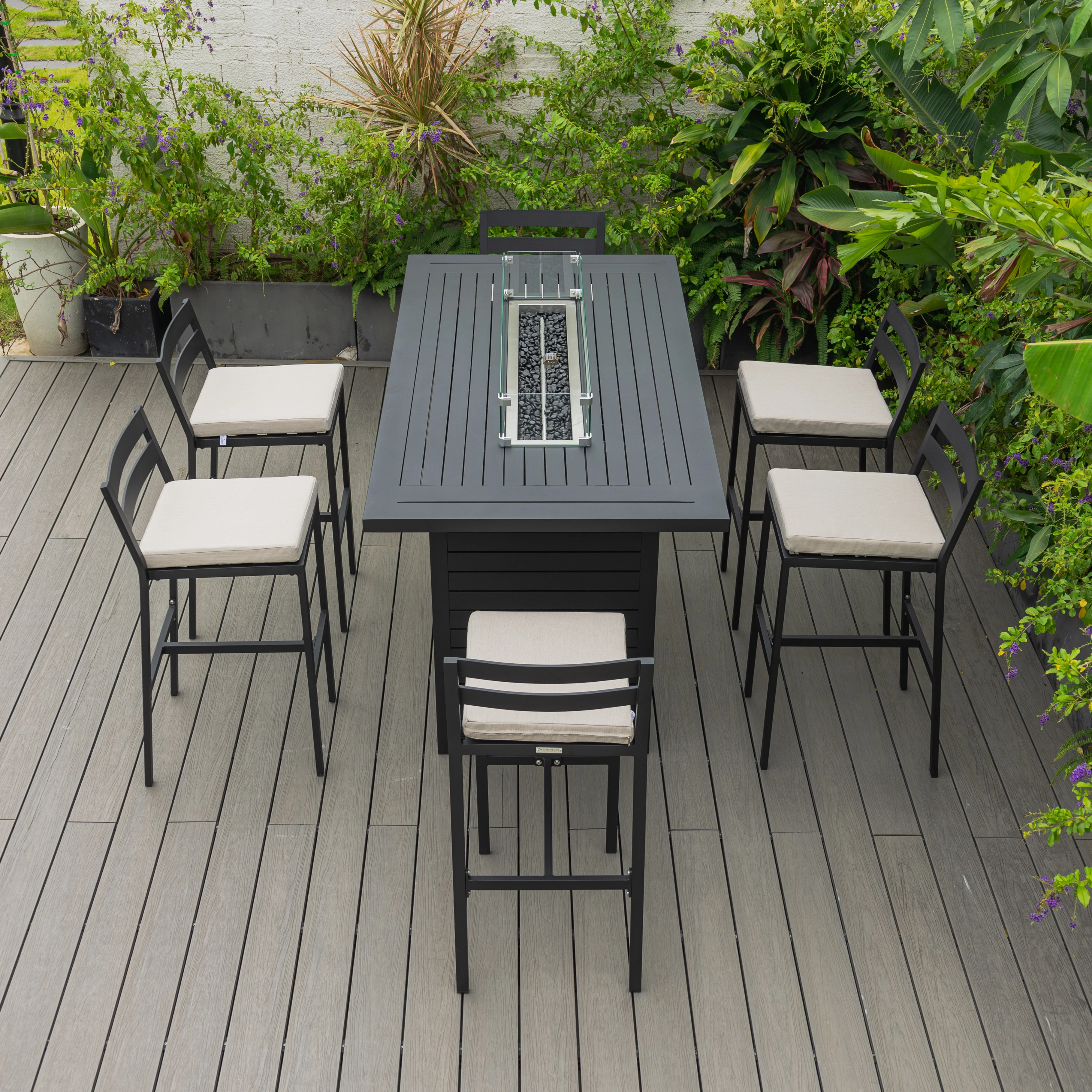 Chelsea Collection Aluminum Outdoor Dining Set, 1 Bar Height Fire Pit Table and 6 Bar Chair in black with Beige Cushions