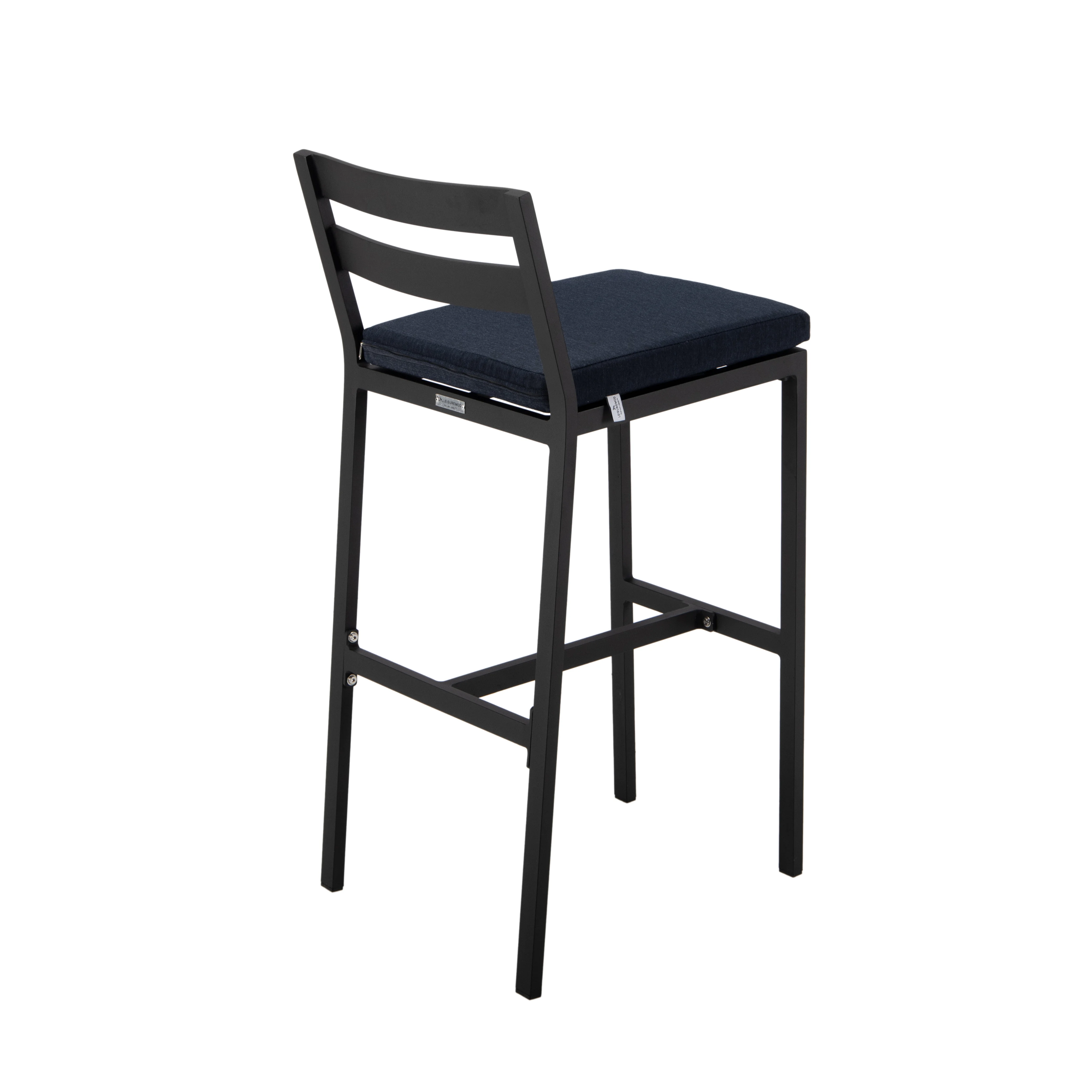 Chelsea Collection Aluminum Outdoor Dining Set, 1 Bar Height Fire Pit Table and 4 Bar Chair in black with Blue Cushions