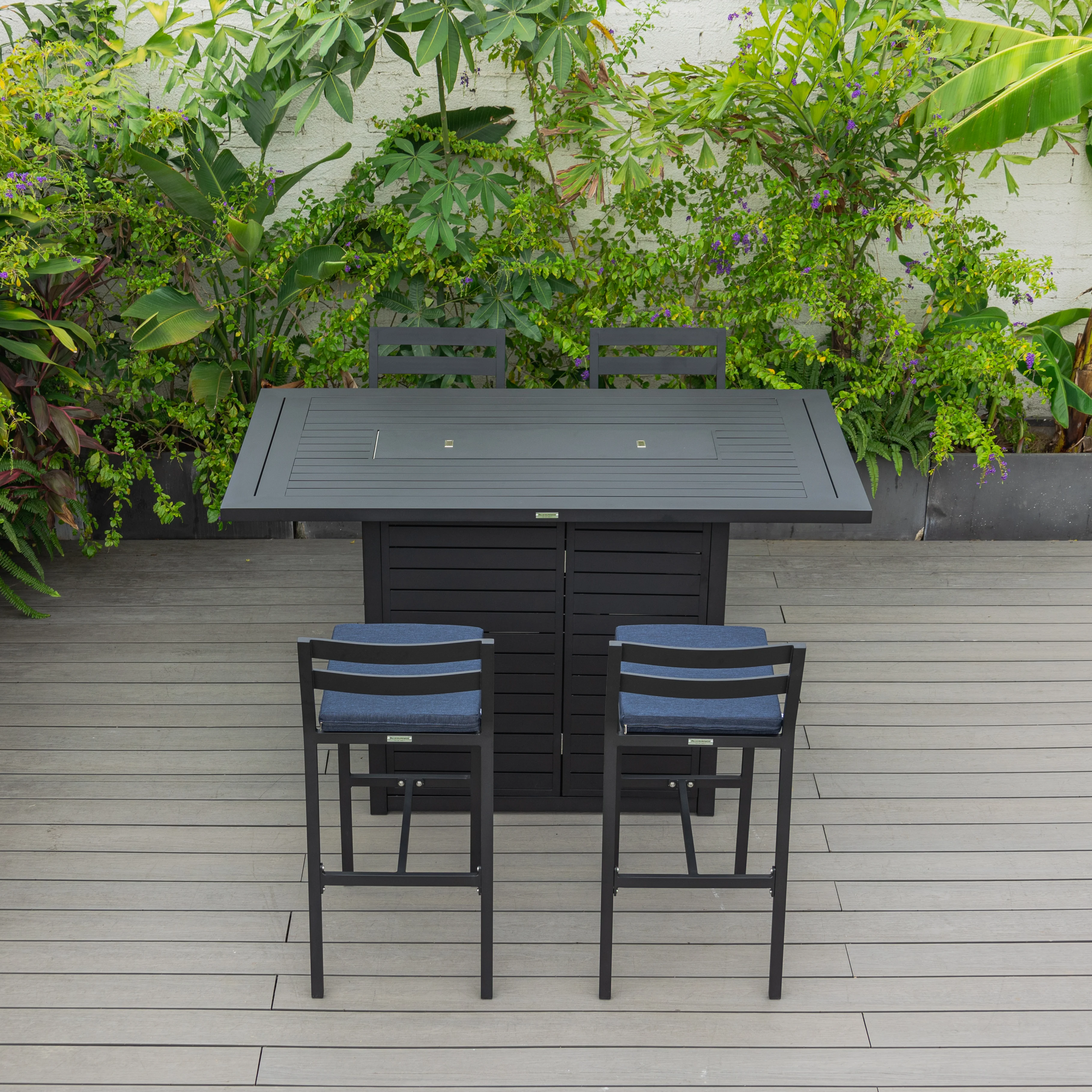 Chelsea Collection Aluminum Outdoor Dining Set, 1 Bar Height Fire Pit Table and 4 Bar Chair in black with Blue Cushions