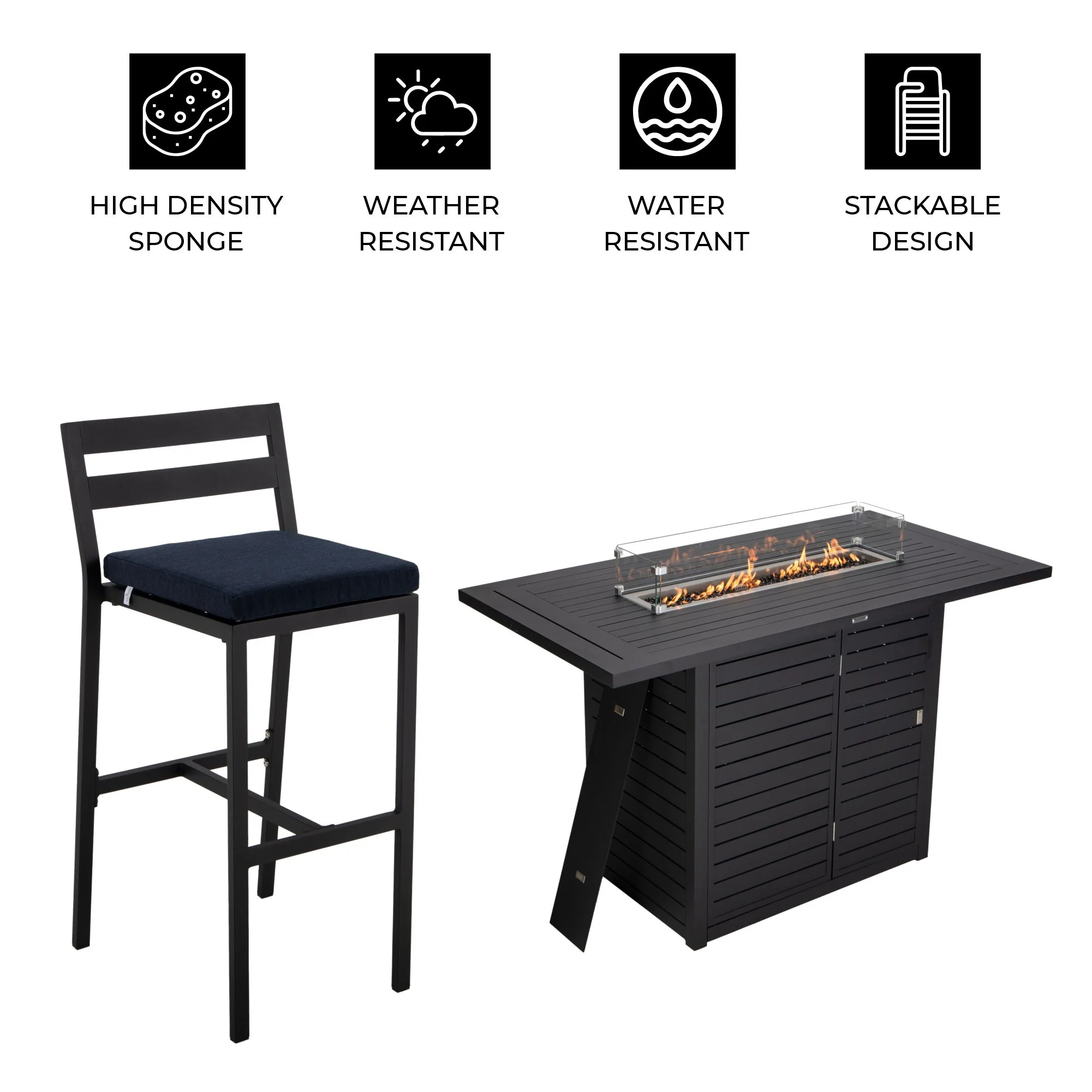 Chelsea Collection Aluminum Outdoor Dining Set, 1 Bar Height Fire Pit Table and 4 Bar Chair in black with Blue Cushions