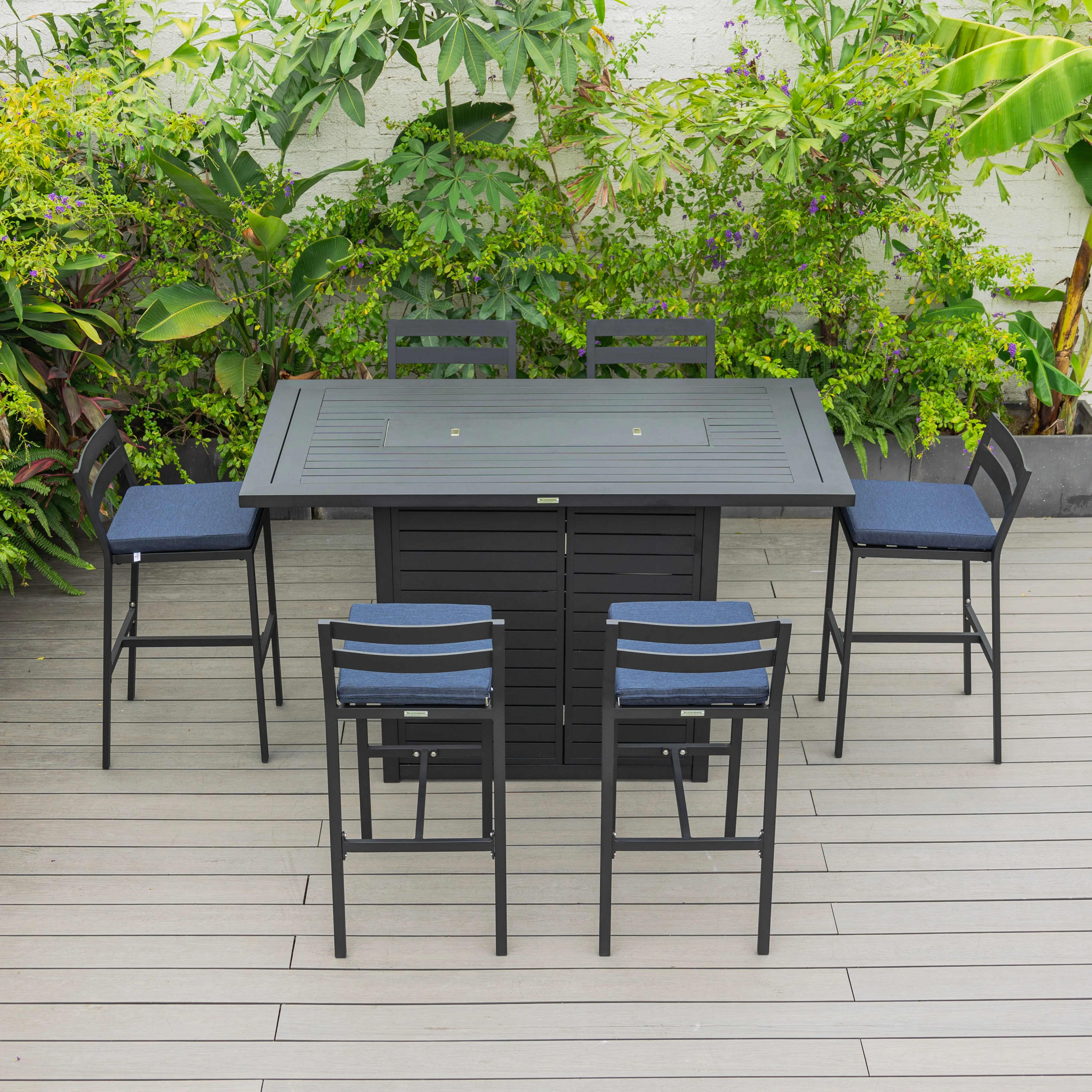 Chelsea Collection Aluminum Outdoor Dining Set, 1 Bar Height Fire Pit Table and 6 Bar Chair in black with Blue Cushions