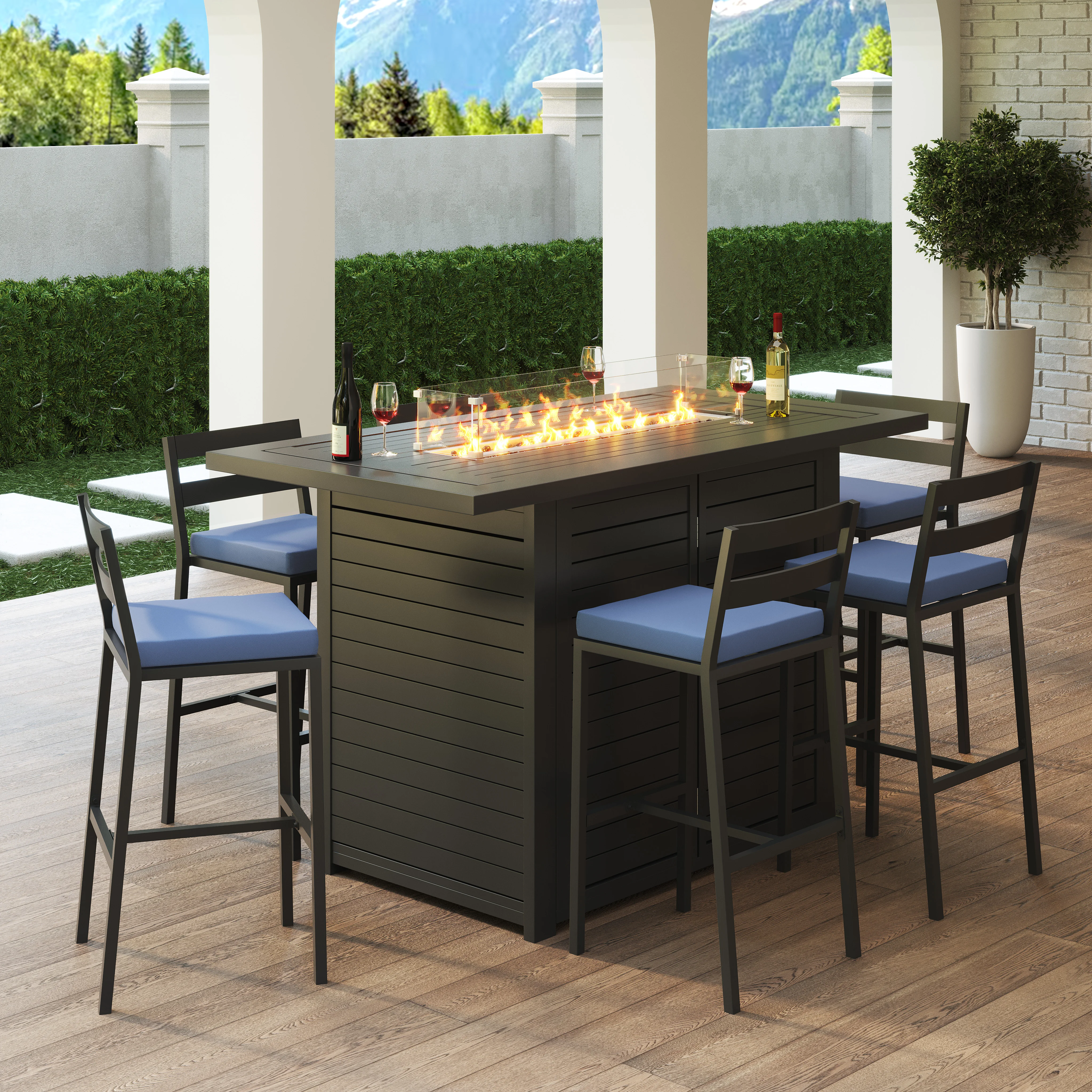 Chelsea Collection Aluminum Outdoor Dining Set, 1 Bar Height Fire Pit Table and 6 Bar Chair in black with Blue Cushions