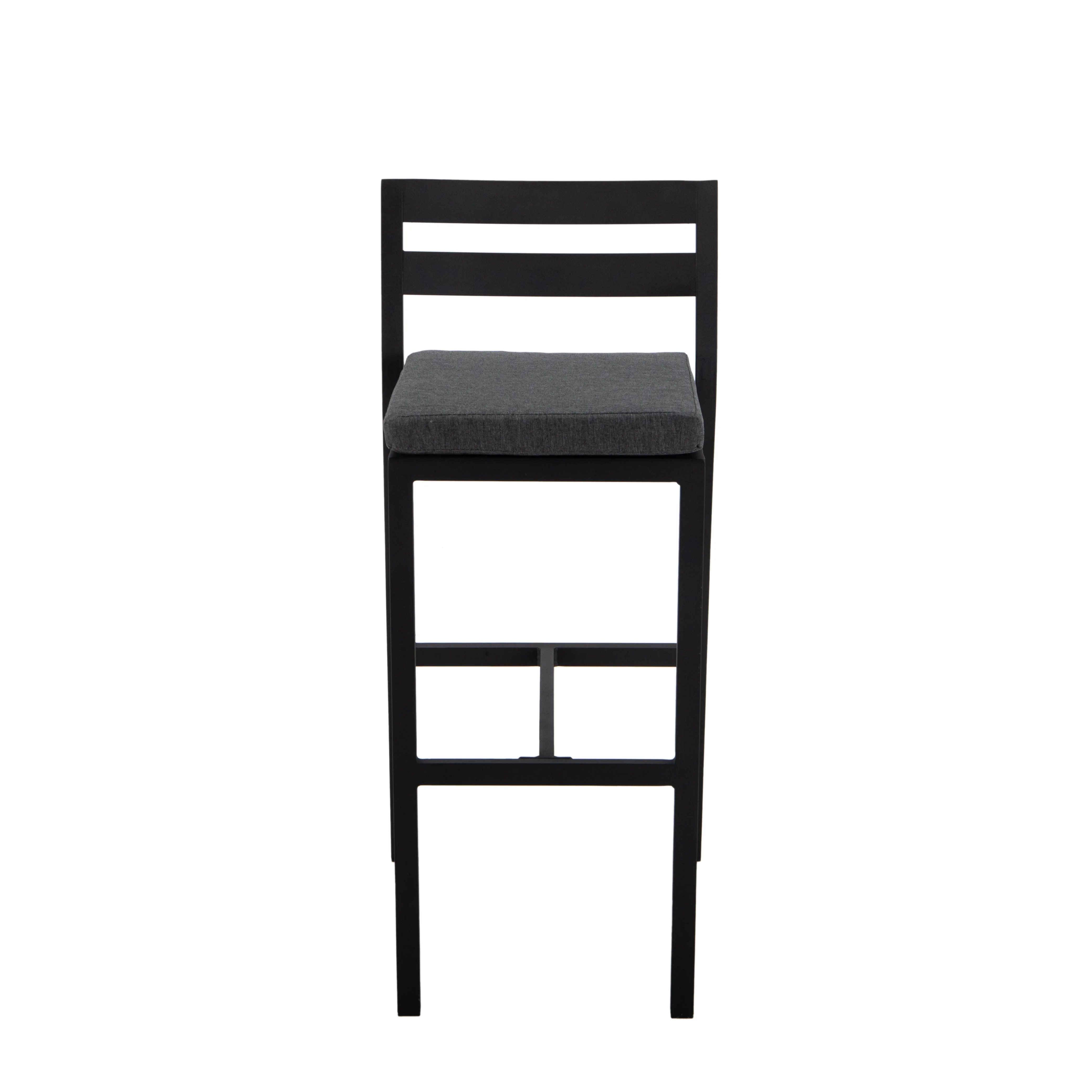 Chelsea Collection Aluminum Outdoor Dining Set, 1 Bar Height Fire Pit Table and 4 Bar Chair in black with Charocal Cushions