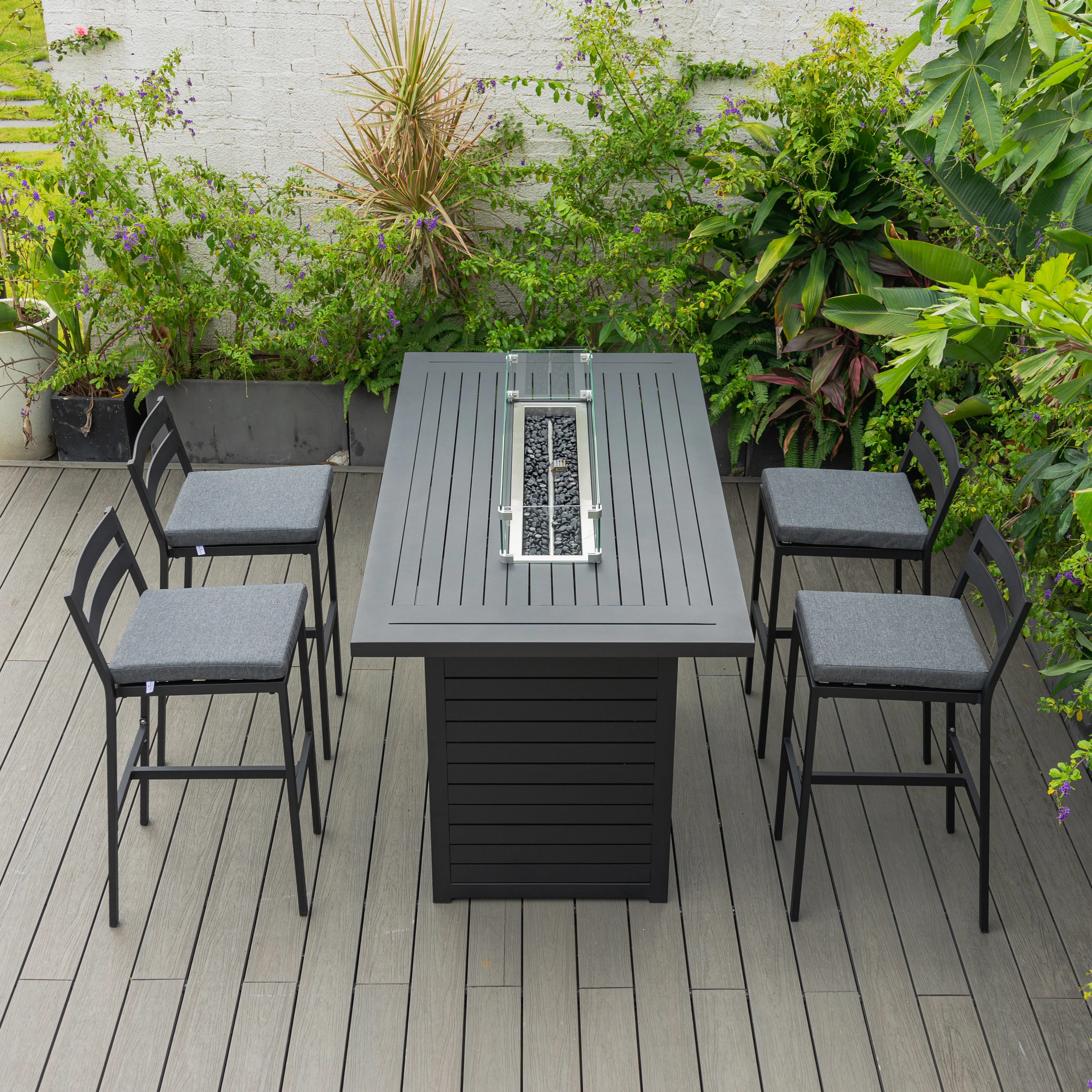 Chelsea Collection Aluminum Outdoor Dining Set, 1 Bar Height Fire Pit Table and 4 Bar Chair in black with Charocal Cushions