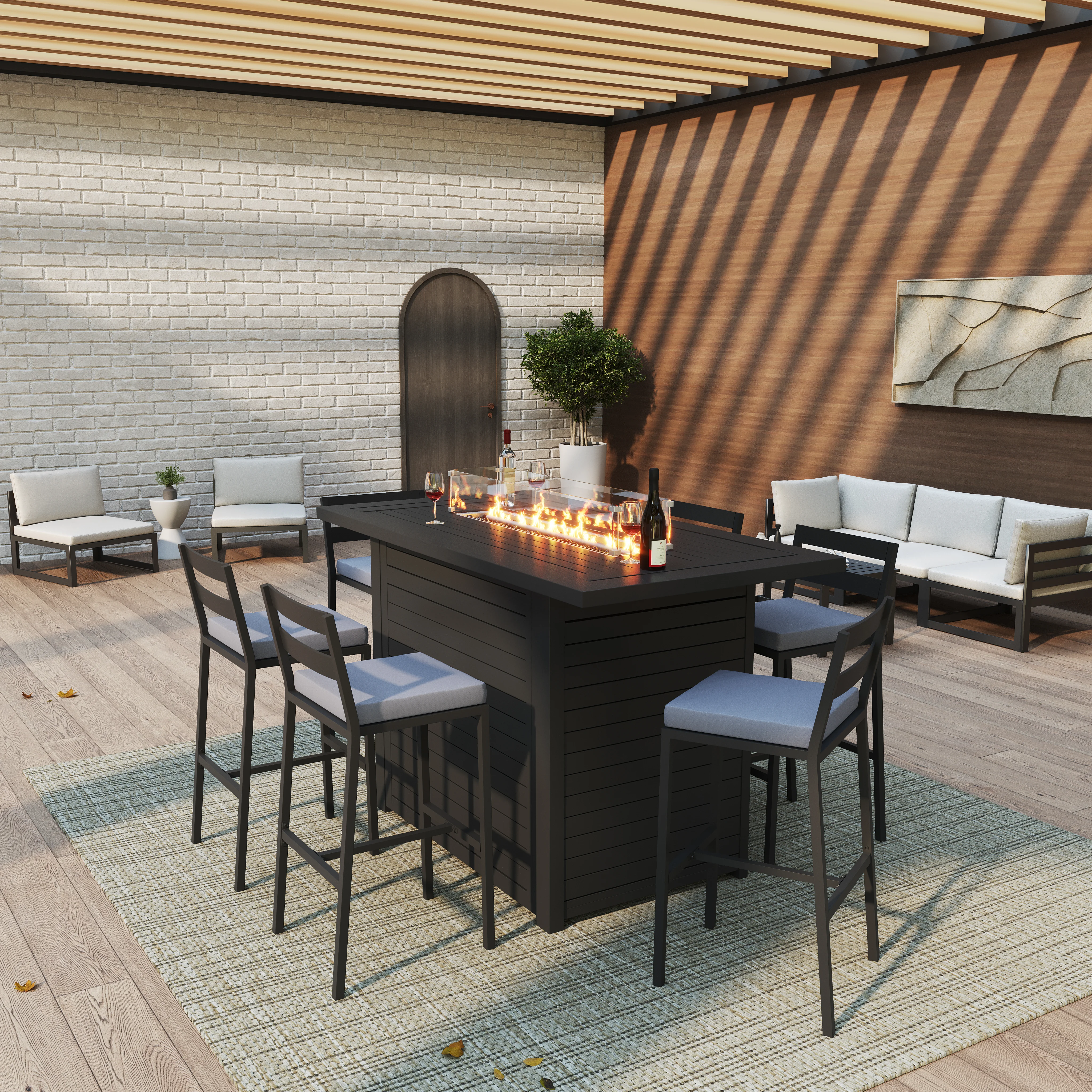 Chelsea Collection Aluminum Outdoor Dining Set, 1 Bar Height Fire Pit Table and 6 Bar Chair in black with Charocal Cushions