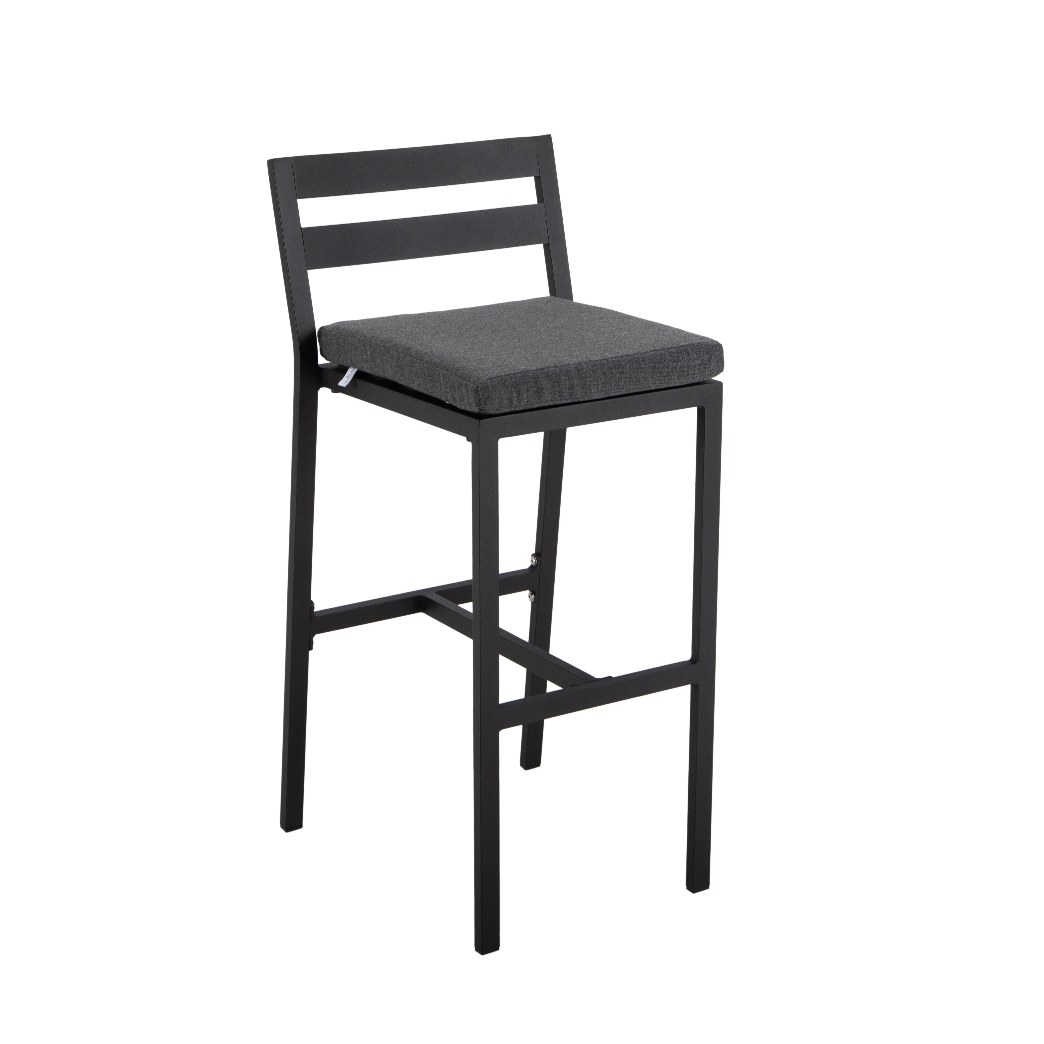 Chelsea Collection Aluminum Outdoor Dining Set, 1 Bar Height Fire Pit Table and 6 Bar Chair in black with Charocal Cushions