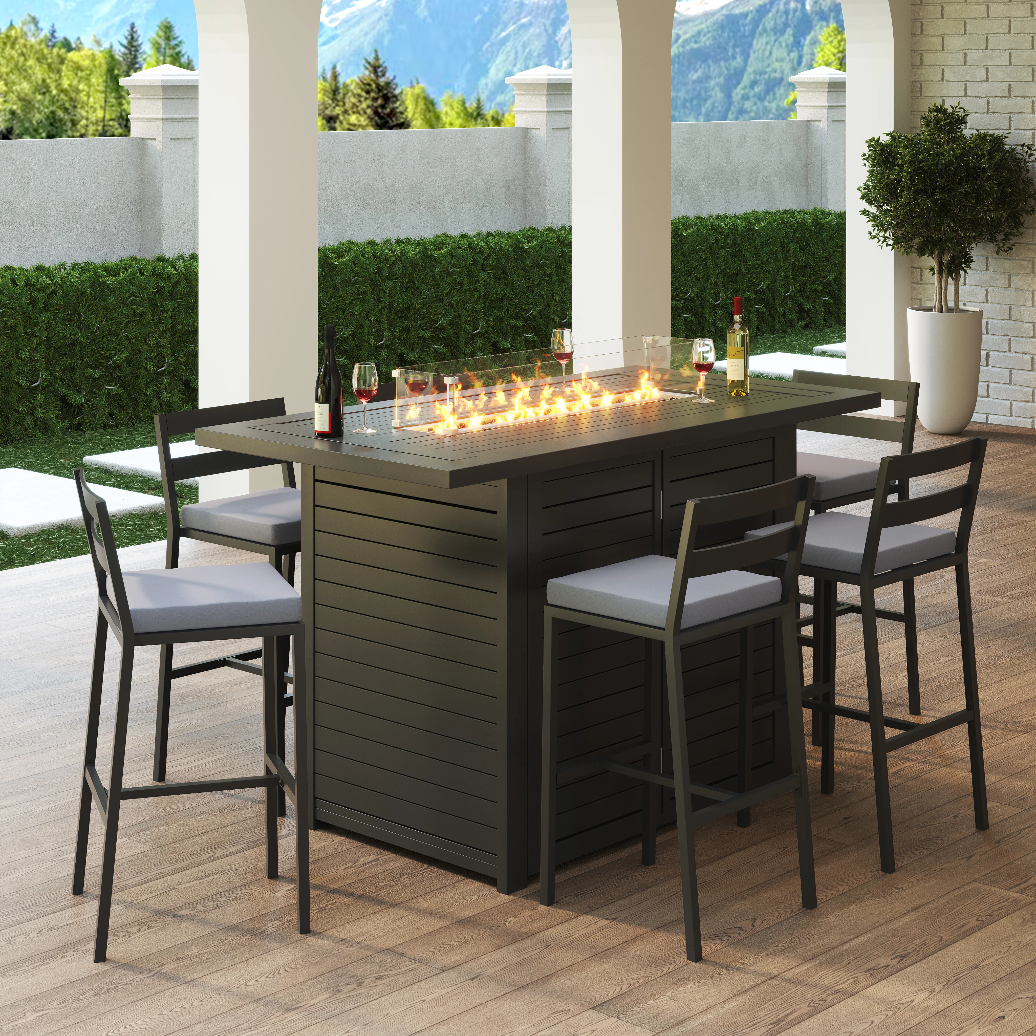 Chelsea Collection Aluminum Outdoor Dining Set, 1 Bar Height Fire Pit Table and 6 Bar Chair in black with Charocal Cushions