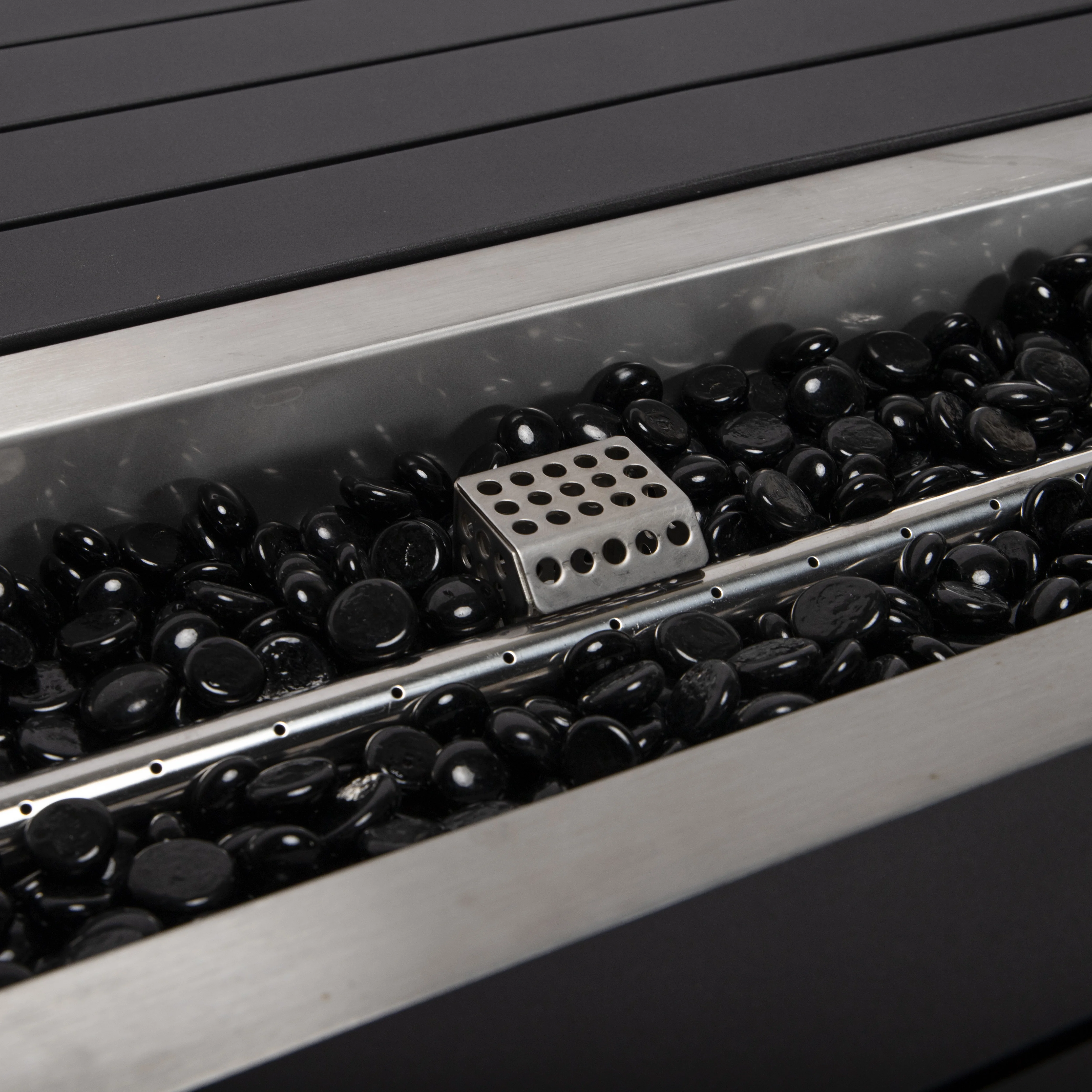 Chelsea Collection Aluminum Outdoor Dining Set, 1 Bar Height Fire Pit Table and 4 Bar Chair in black with Cherry Cushions