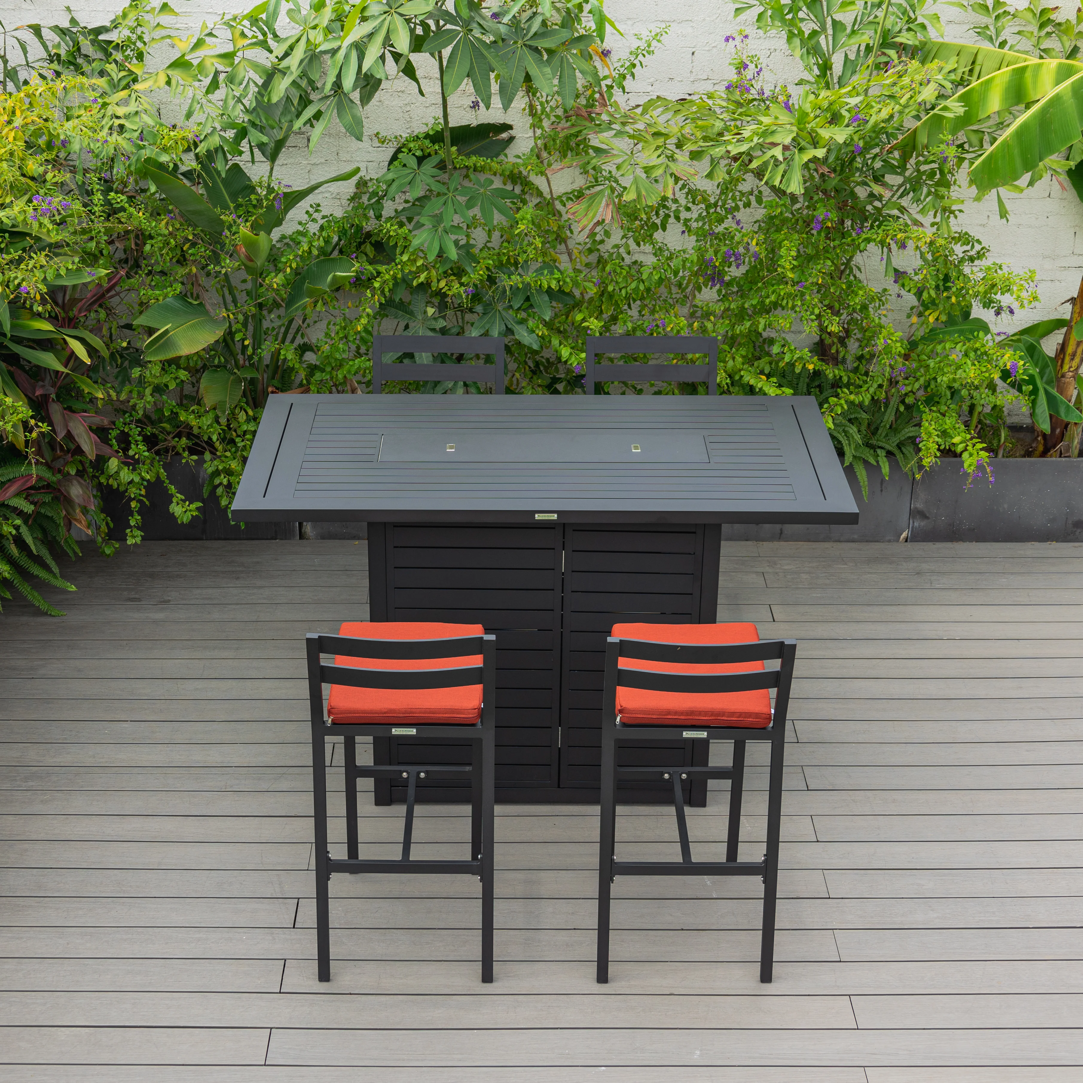 Chelsea Collection Aluminum Outdoor Dining Set, 1 Bar Height Fire Pit Table and 4 Bar Chair in black with Cherry Cushions