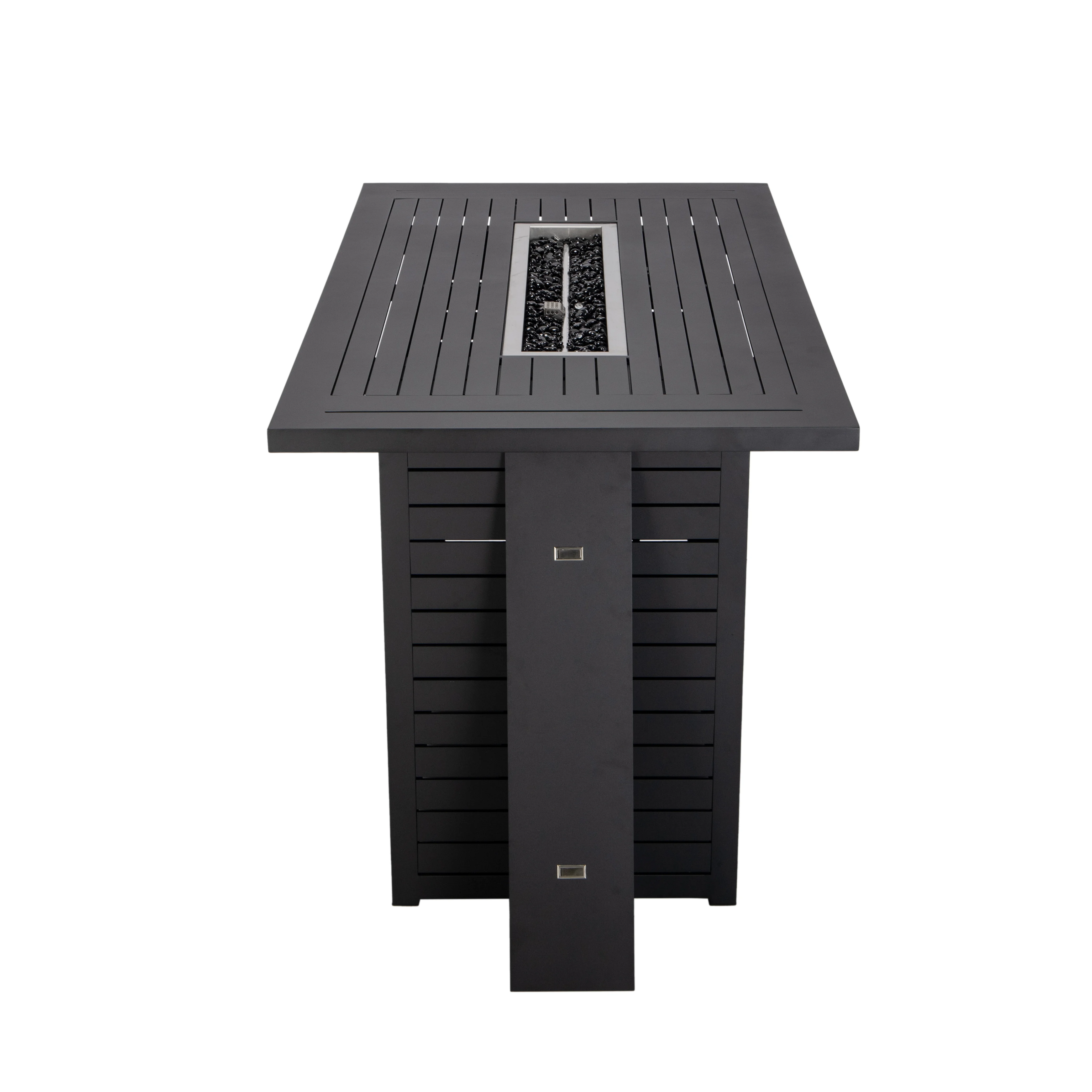 Chelsea Collection Aluminum Outdoor Dining Set, 1 Bar Height Fire Pit Table and 4 Bar Chair in black with Cherry Cushions