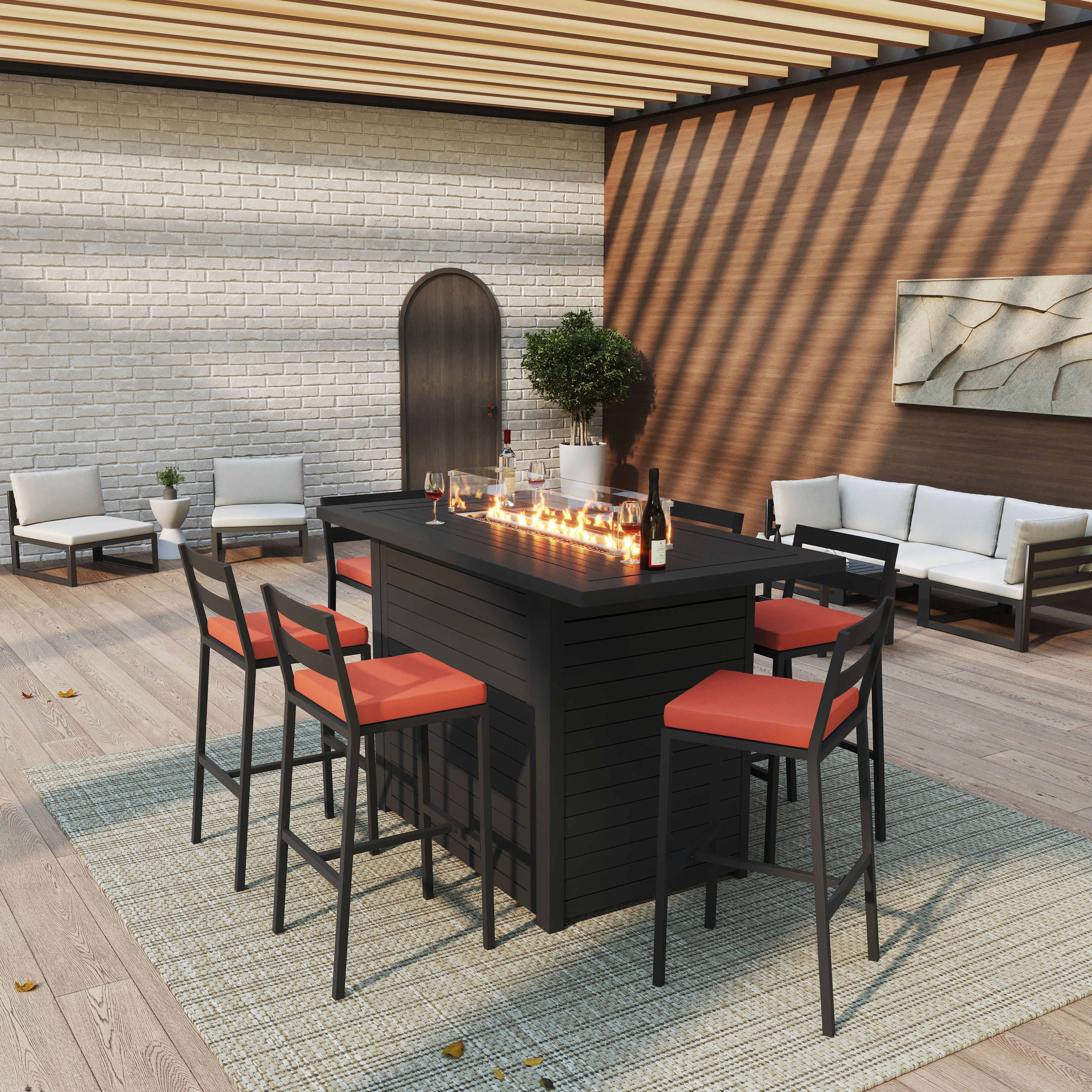 Chelsea Collection Aluminum Outdoor Dining Set, 1 Bar Height Fire Pit Table and 6 Bar Chair in black with Cherry Cushions