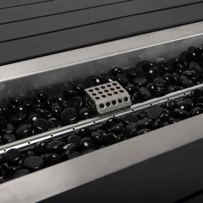 Chelsea Collection Aluminum Outdoor Dining Set, 1 Bar Height Fire Pit Table and 6 Bar Chair in black with Cherry Cushions