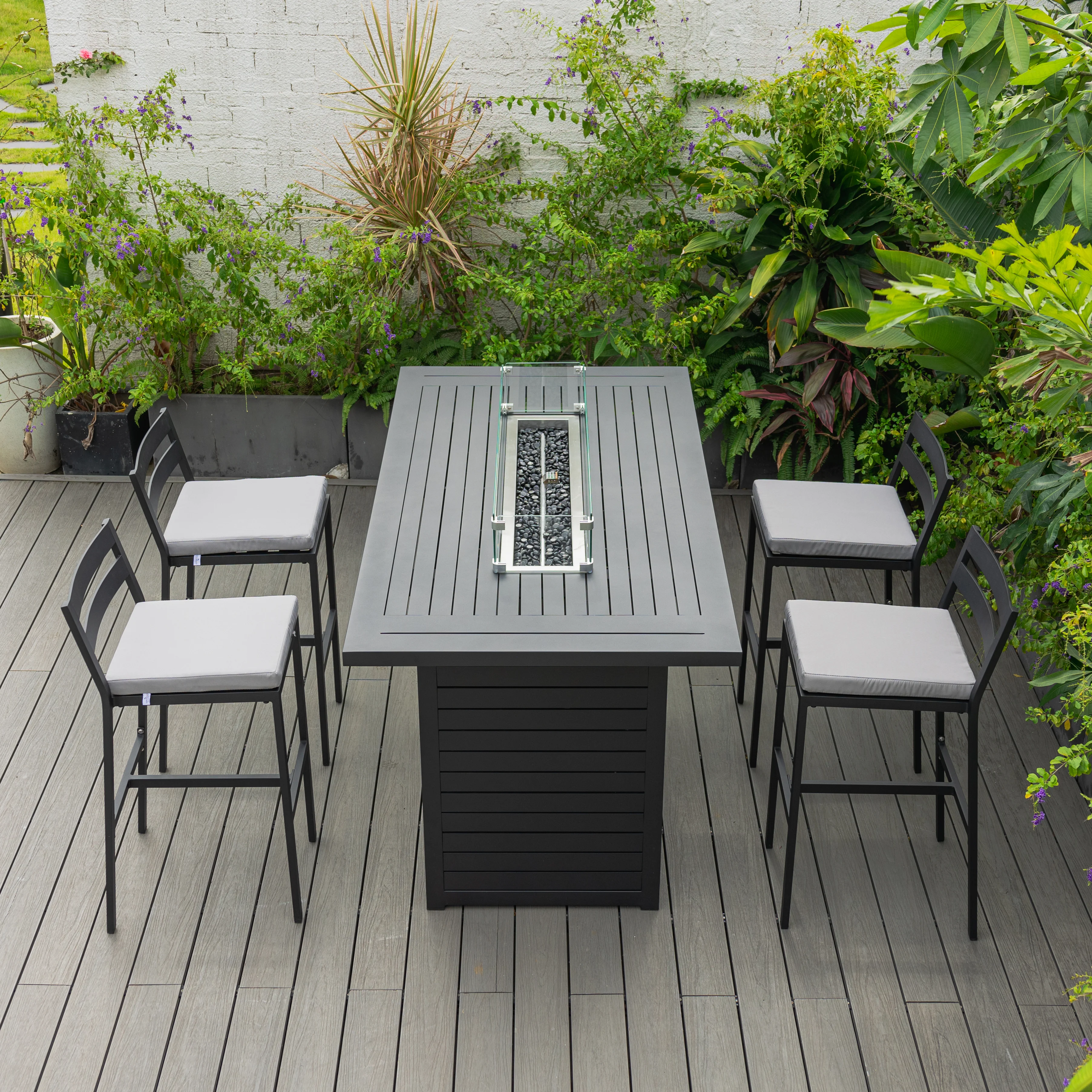 Chelsea Collection Aluminum Outdoor Dining Set, 1 Bar Height Fire Pit Table and 4 Bar Chair in black with Light Grey Cushions