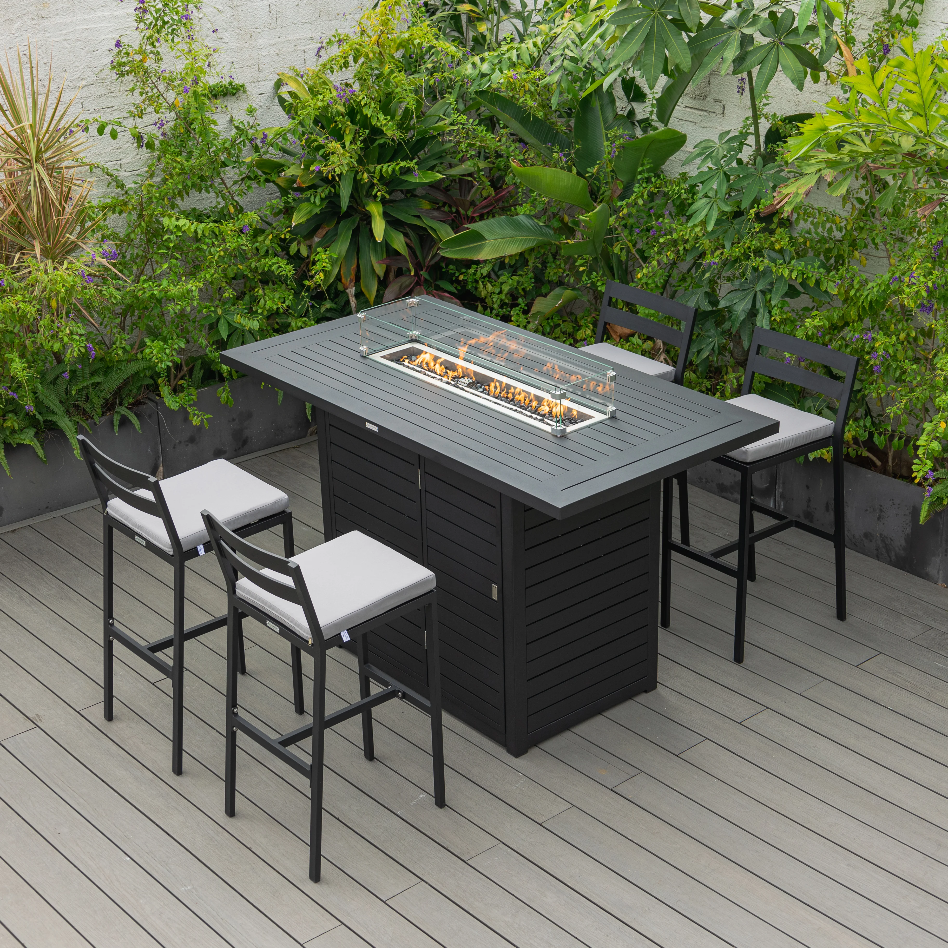 Chelsea Collection Aluminum Outdoor Dining Set, 1 Bar Height Fire Pit Table and 4 Bar Chair in black with Light Grey Cushions