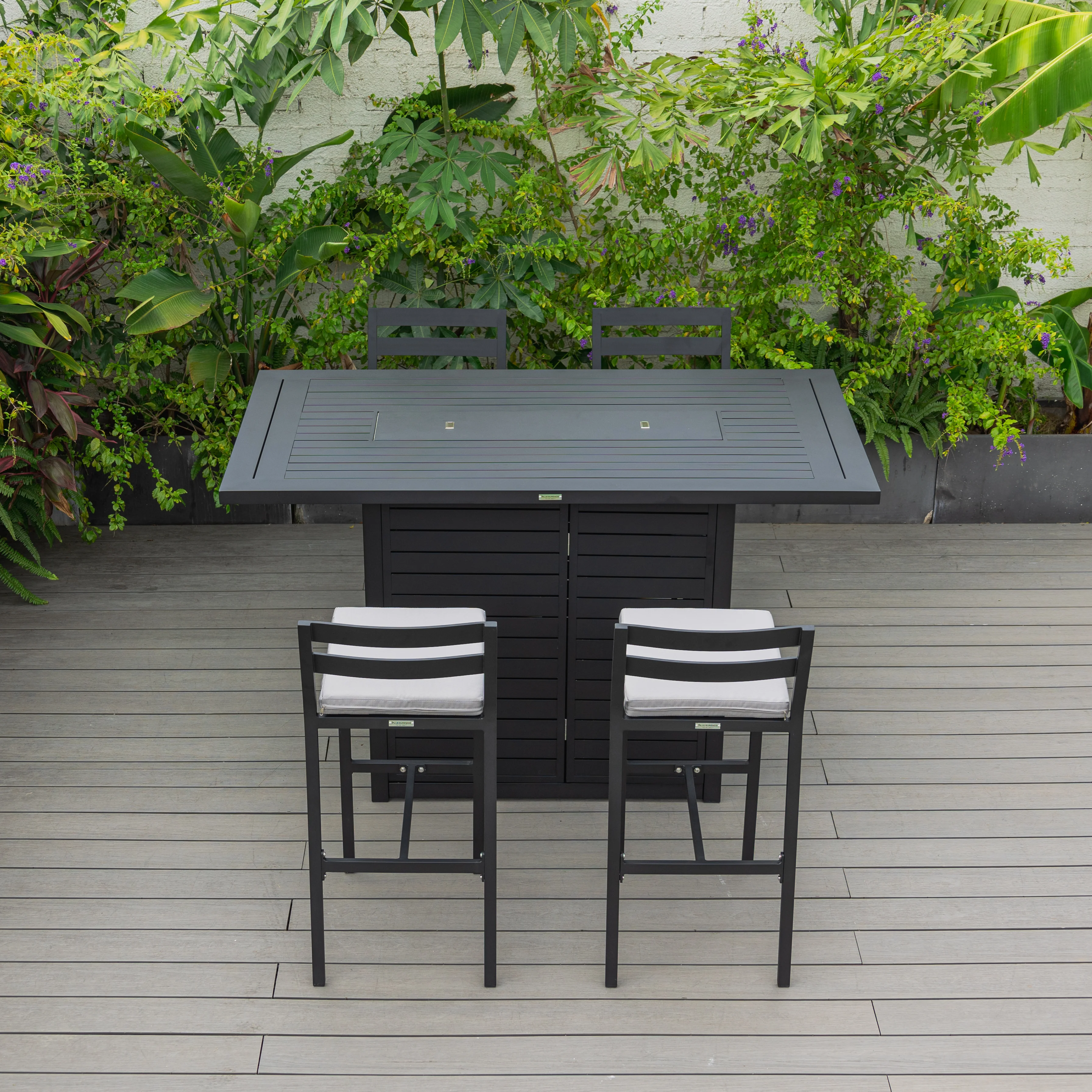 Chelsea Collection Aluminum Outdoor Dining Set, 1 Bar Height Fire Pit Table and 4 Bar Chair in black with Light Grey Cushions