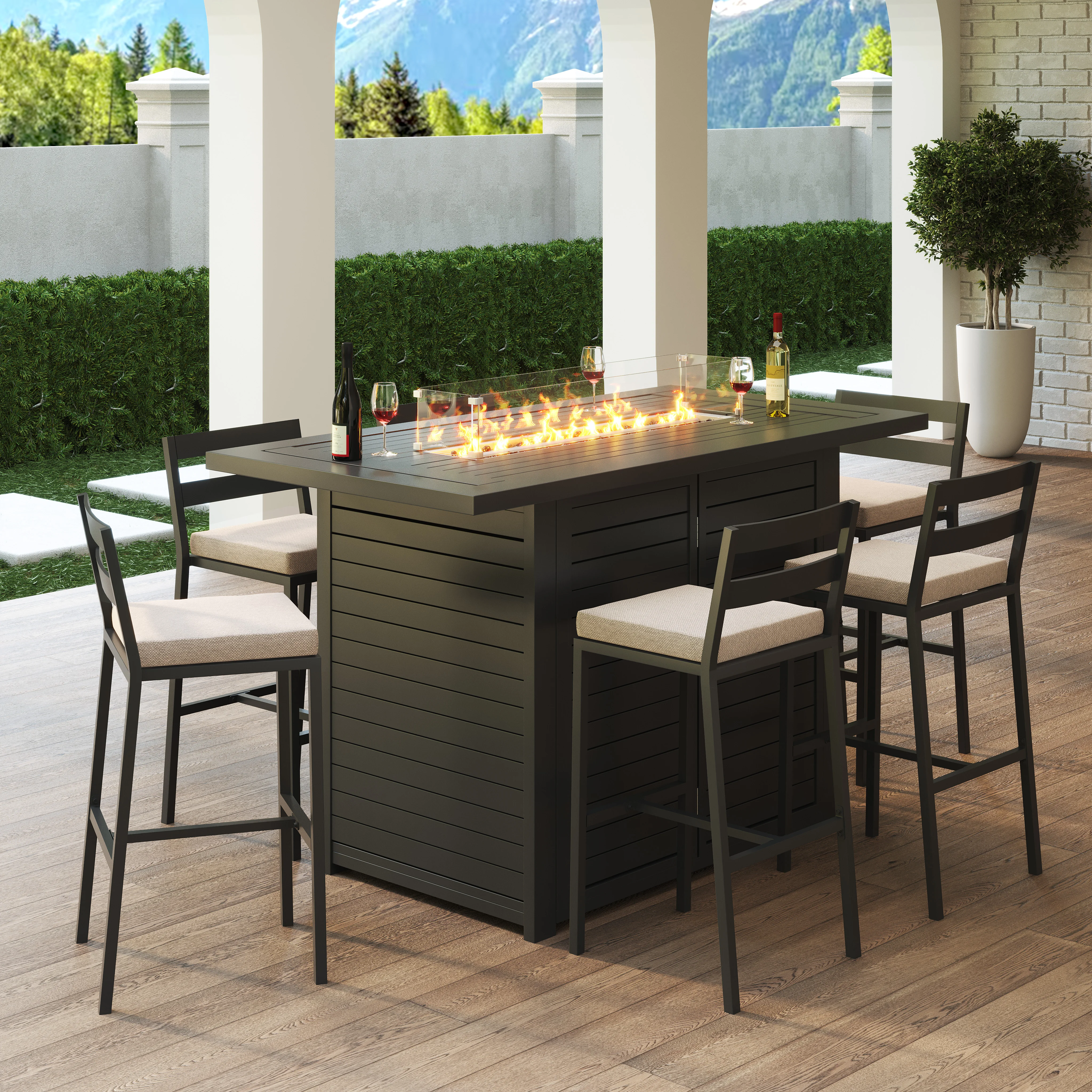 Chelsea Collection Aluminum Outdoor Dining Set, 1 Bar Height Fire Pit Table and 6 Bar Chair in black with Light Grey Cushions