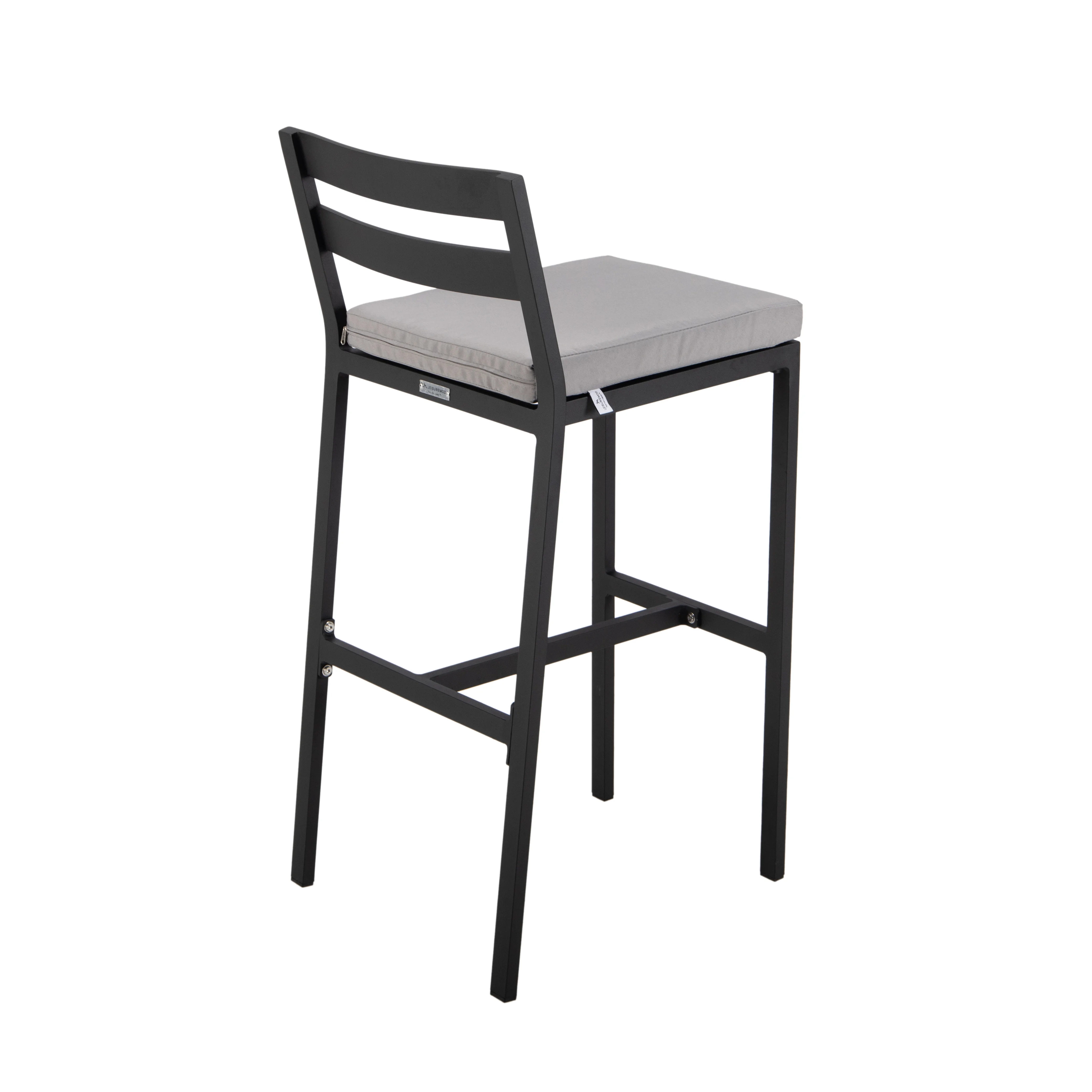 Chelsea Collection Aluminum Outdoor Dining Set, 1 Bar Height Fire Pit Table and 6 Bar Chair in black with Light Grey Cushions