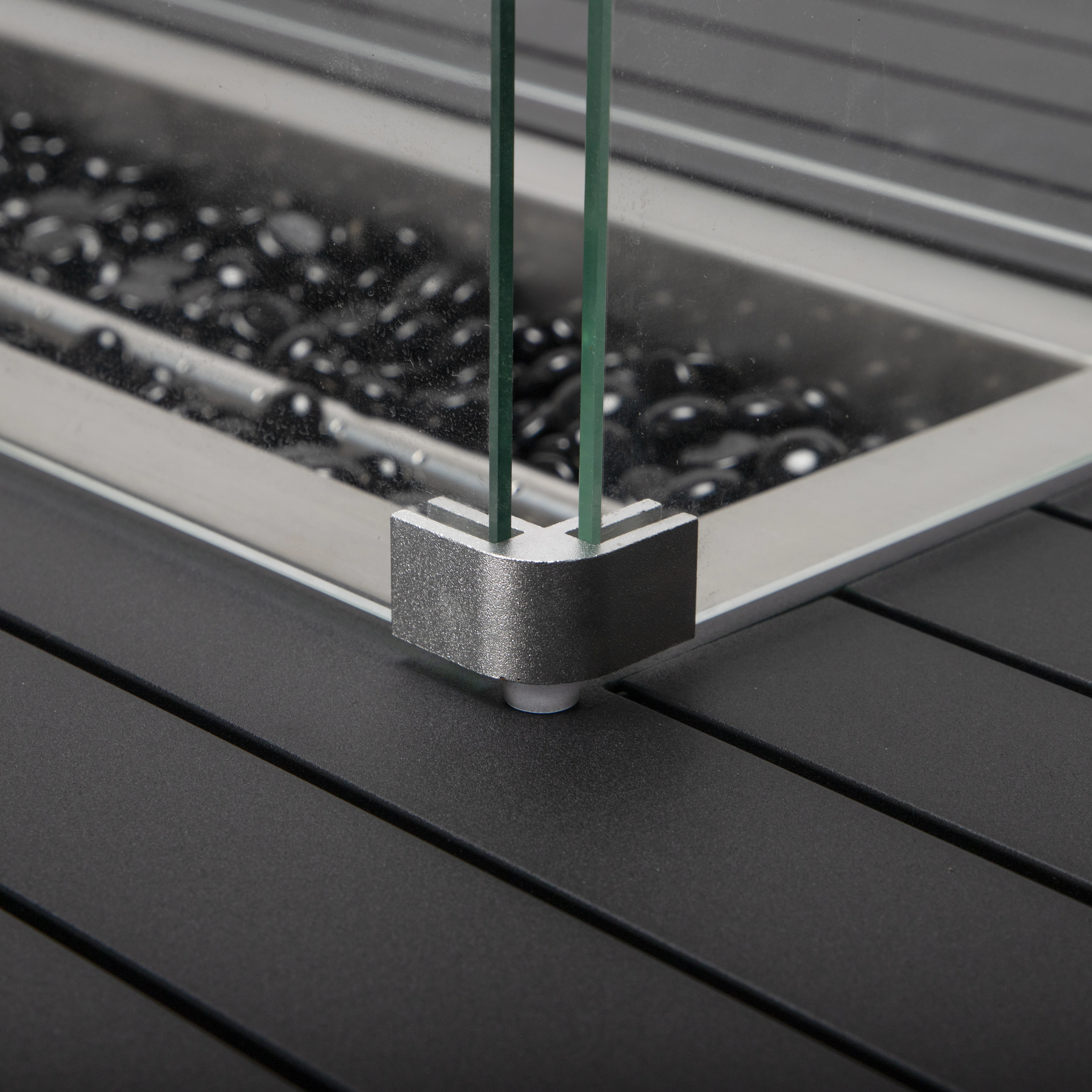 Chelsea Collection Aluminum Outdoor Dining Set, 1 Bar Height Fire Pit Table and 6 Bar Chair in black with Light Grey Cushions