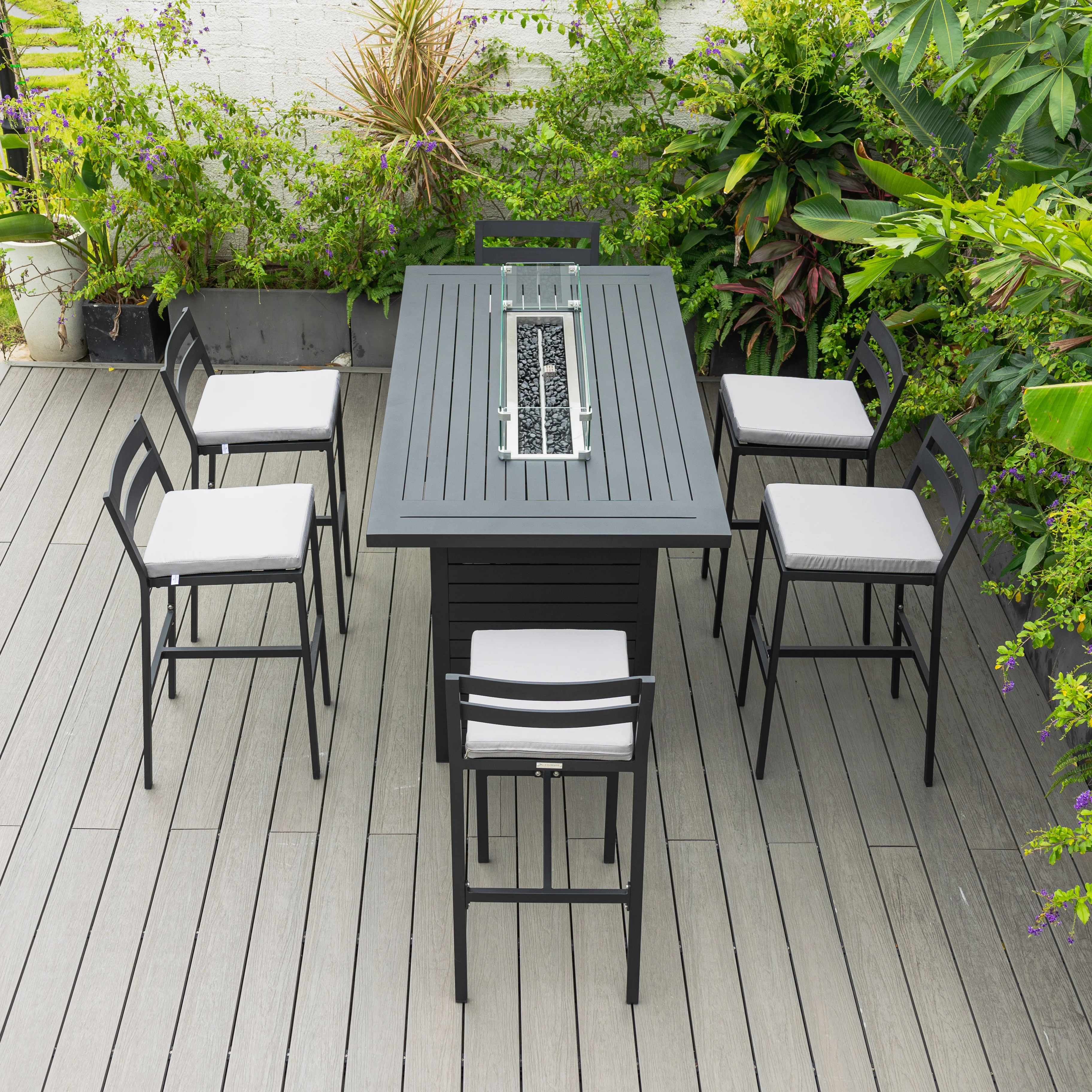 Chelsea Collection Aluminum Outdoor Dining Set, 1 Bar Height Fire Pit Table and 6 Bar Chair in black with Light Grey Cushions