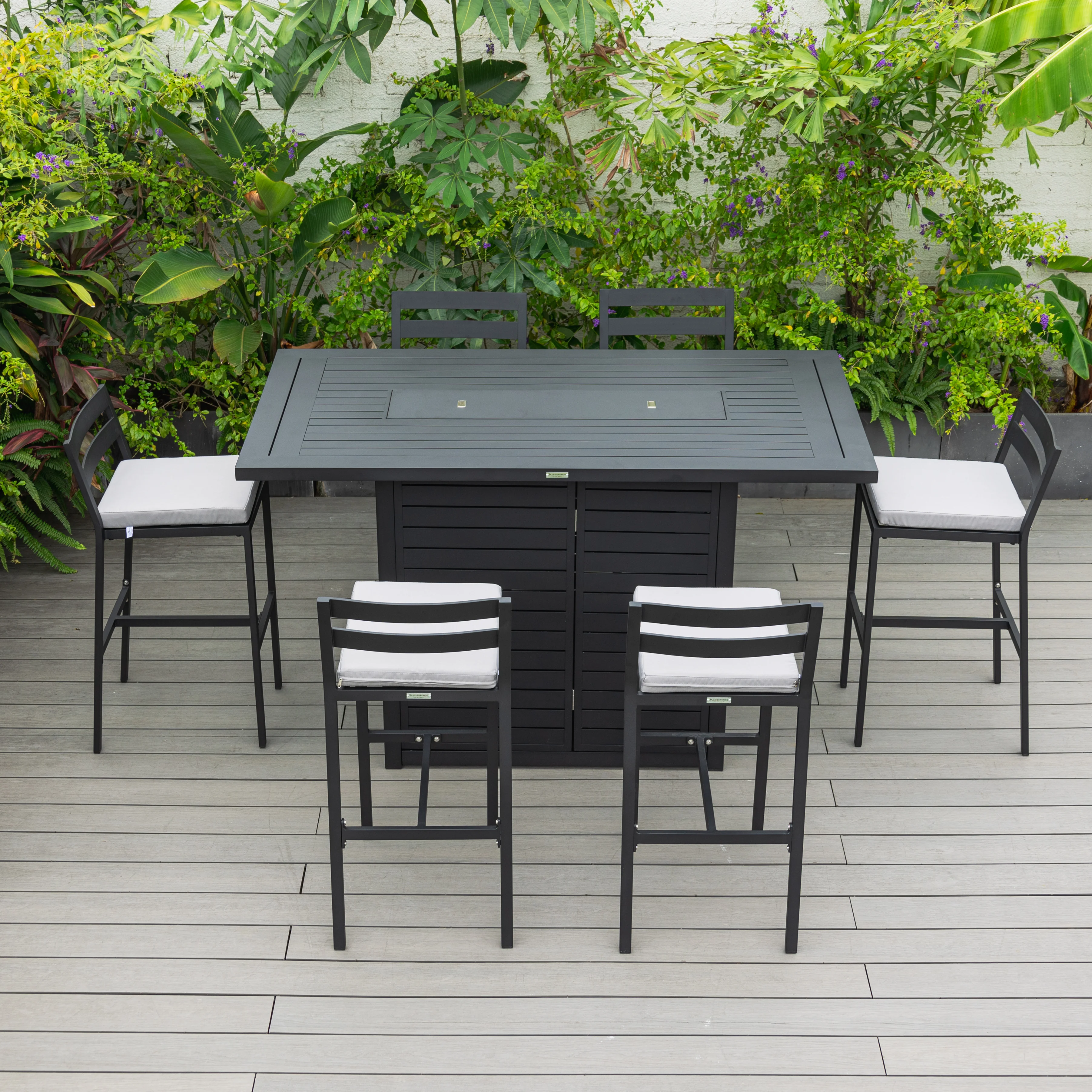 Chelsea Collection Aluminum Outdoor Dining Set, 1 Bar Height Fire Pit Table and 6 Bar Chair in black with Light Grey Cushions