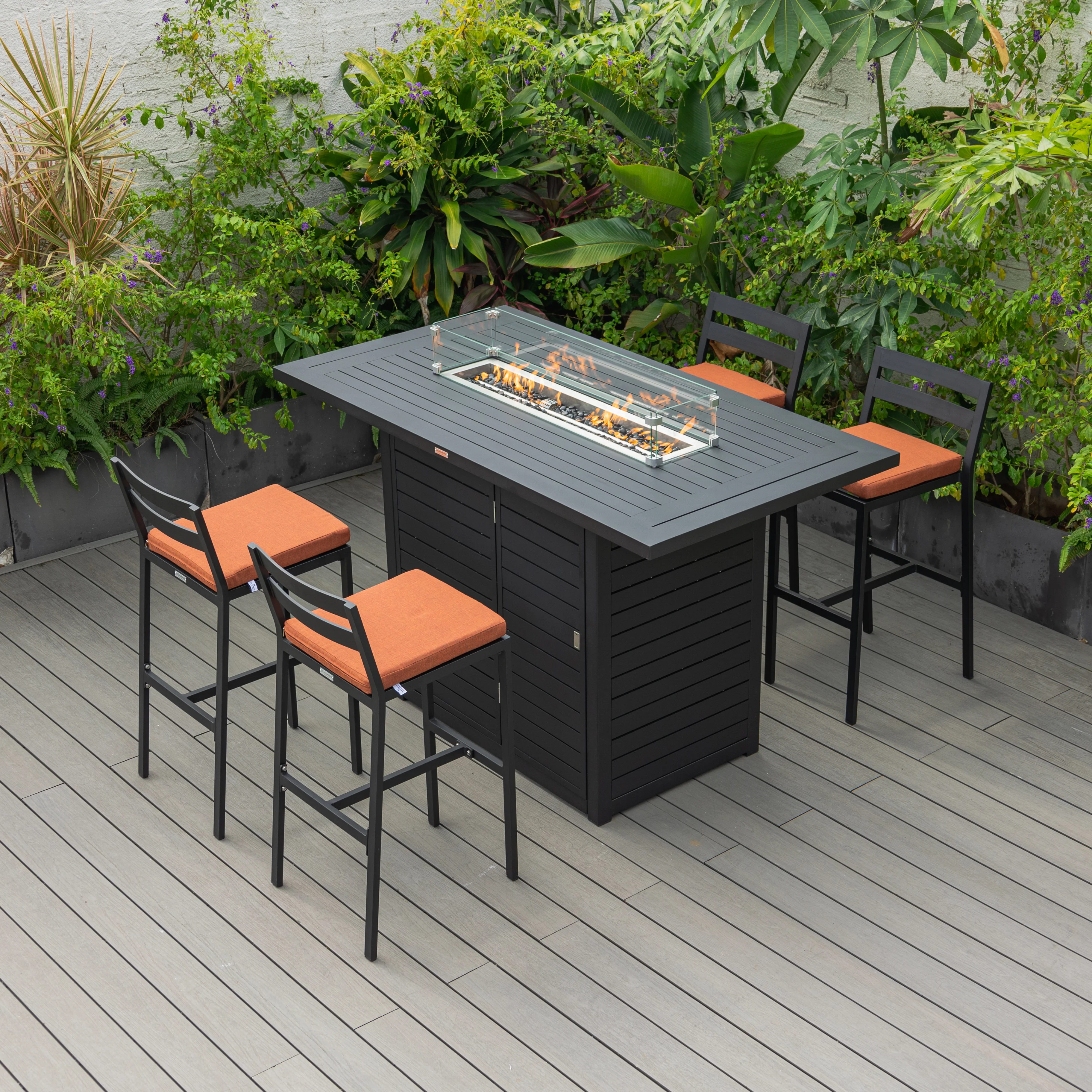 Chelsea Collection Aluminum Outdoor Dining Set, 1 Bar Height Fire Pit Table and 4 Bar Chair in black with Orange Cushions