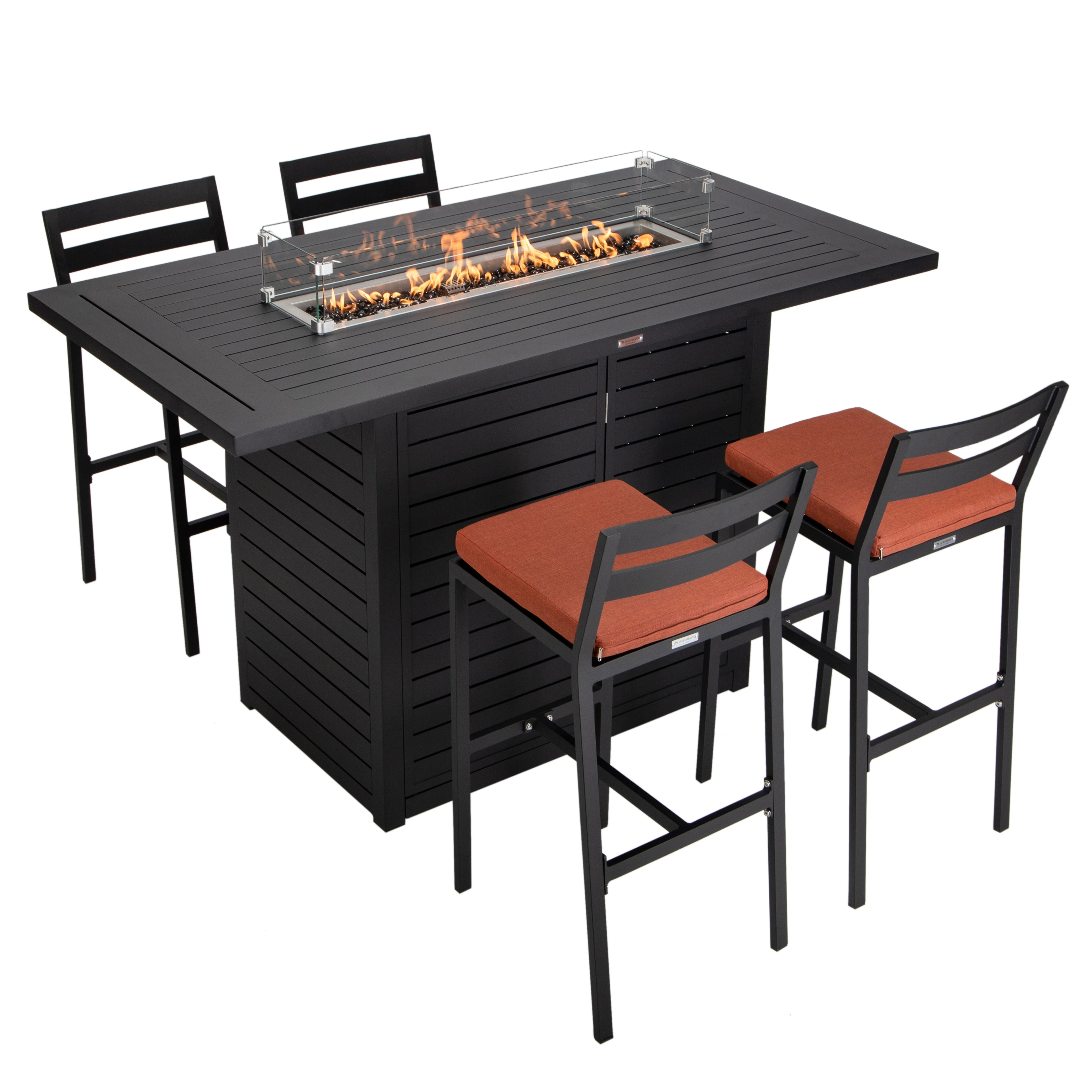 Chelsea Collection Aluminum Outdoor Dining Set, 1 Bar Height Fire Pit Table and 4 Bar Chair in black with Orange Cushions