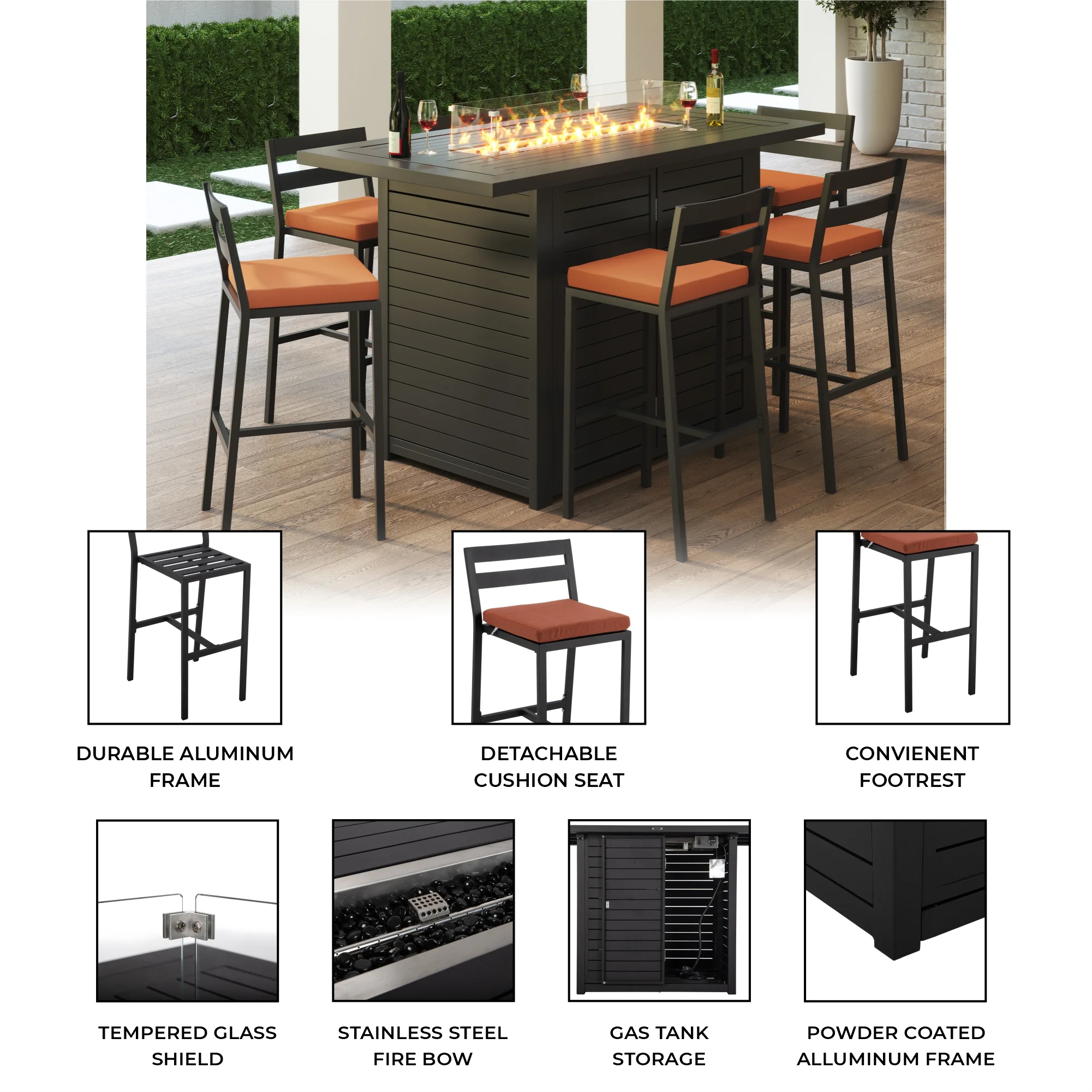 Chelsea Collection Aluminum Outdoor Dining Set, 1 Bar Height Fire Pit Table and 4 Bar Chair in black with Orange Cushions