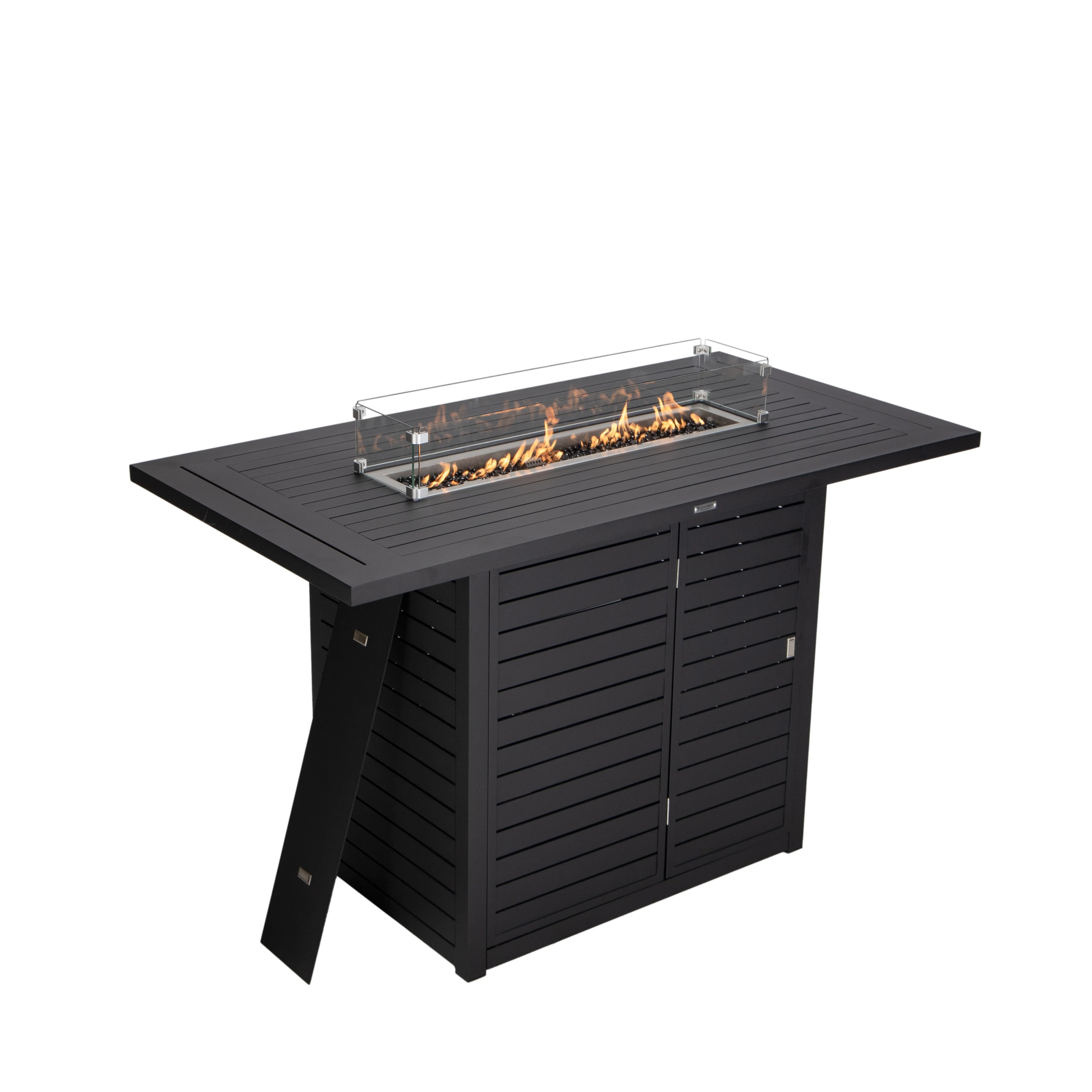 Chelsea Collection Aluminum Outdoor Dining Set, 1 Bar Height Fire Pit Table and 4 Bar Chair in black with Orange Cushions