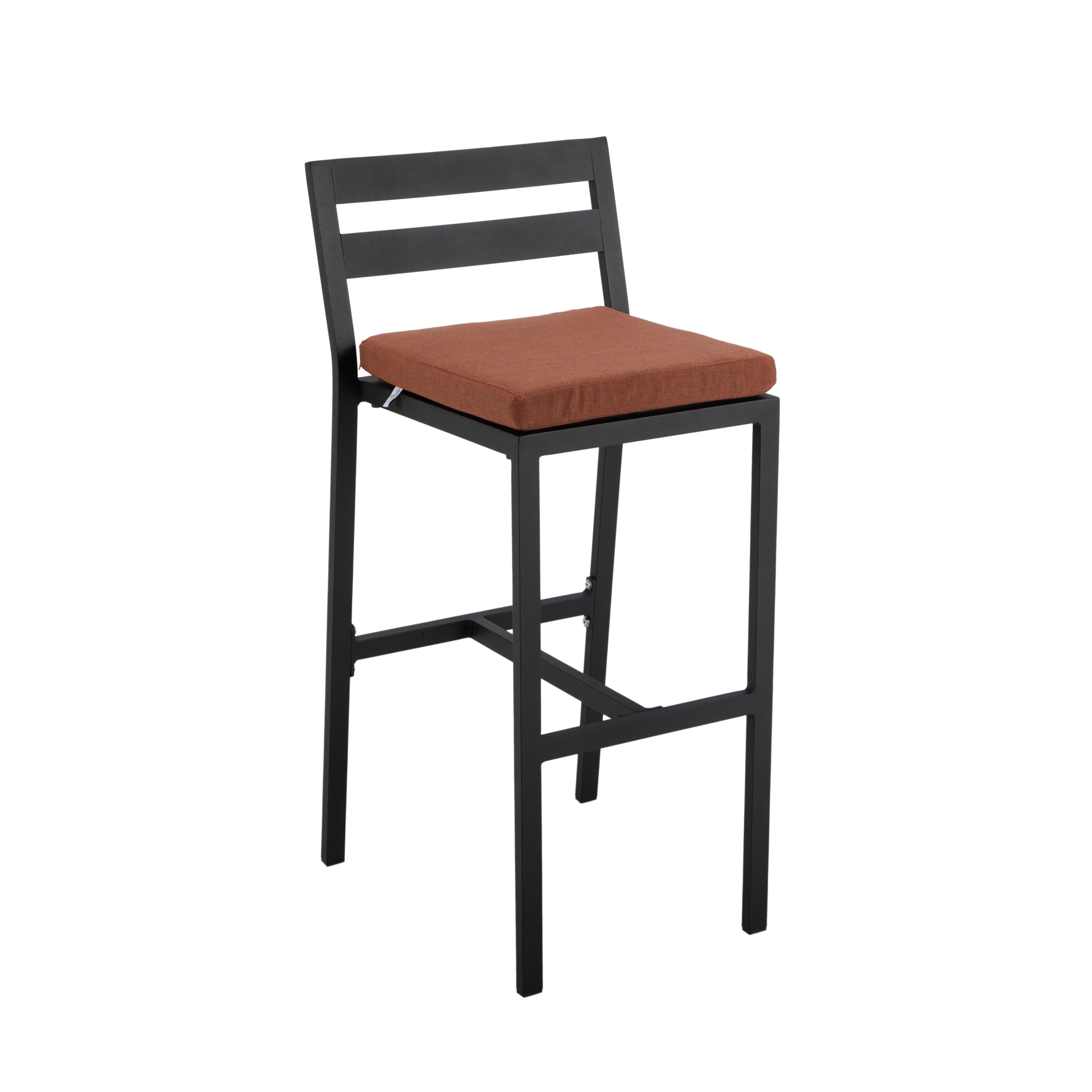 Chelsea Collection Aluminum Outdoor Dining Set, 1 Bar Height Fire Pit Table and 6 Bar Chair in black with Orange Cushions