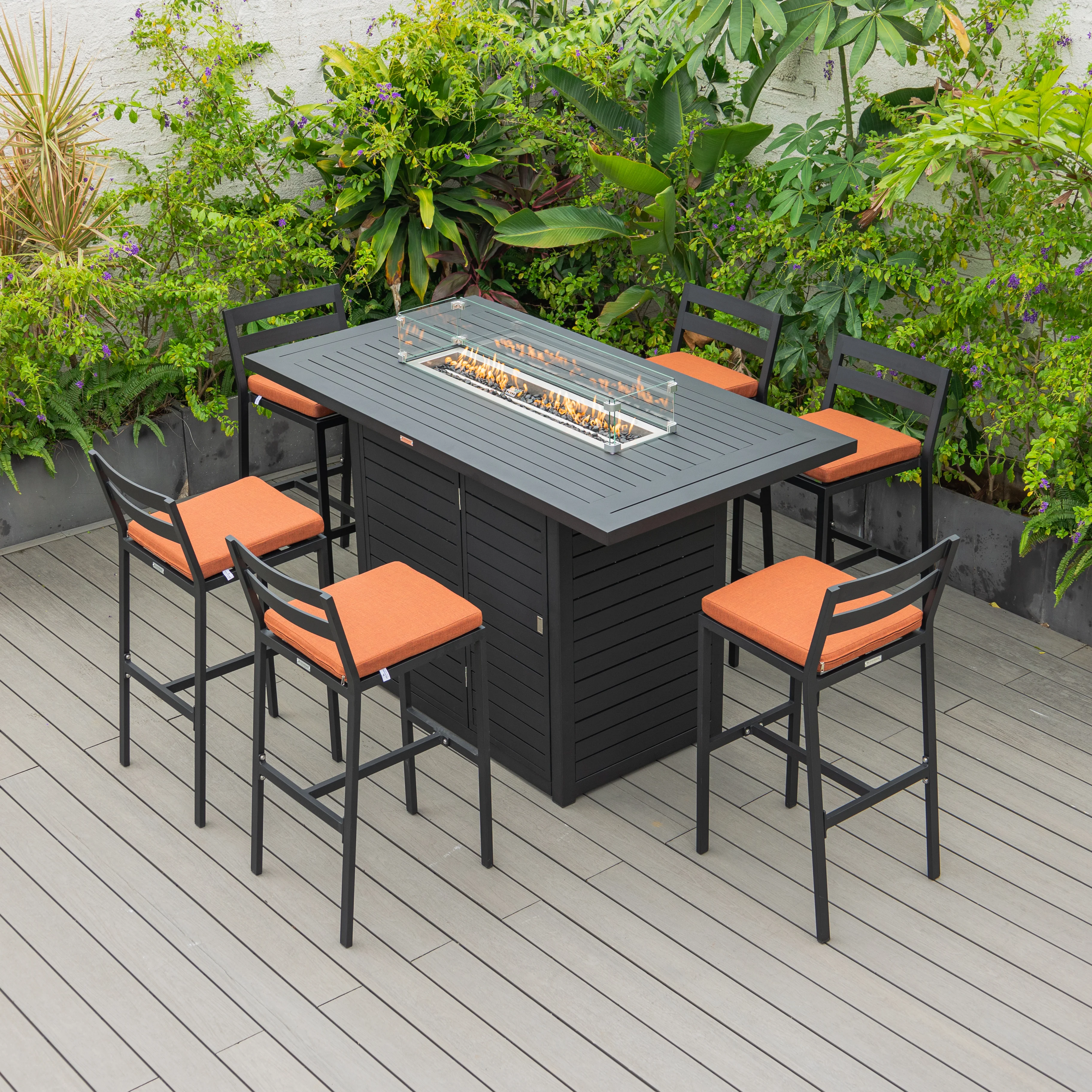 Chelsea Collection Aluminum Outdoor Dining Set, 1 Bar Height Fire Pit Table and 6 Bar Chair in black with Orange Cushions